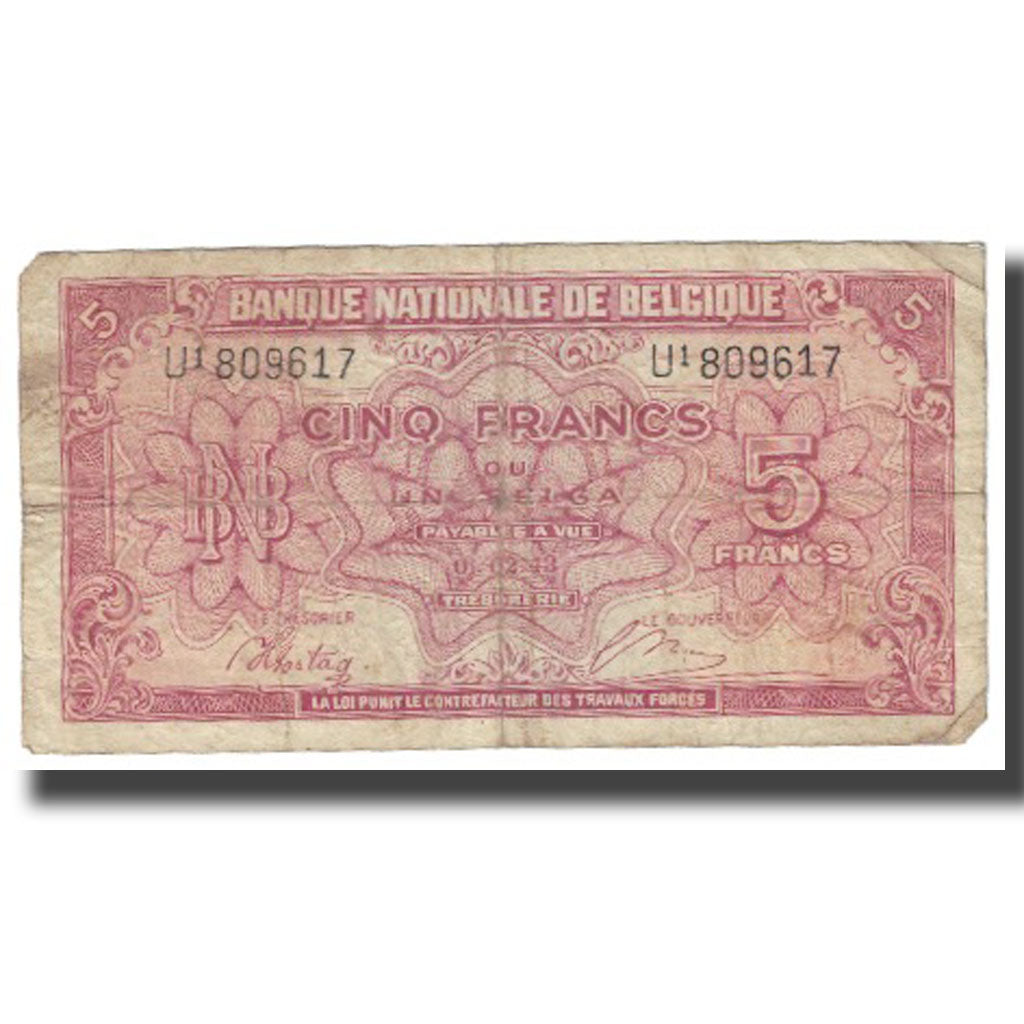 Banconote, Belgio, 5 Francs-1 Belga, 1943, 1943-02-01, KM:121, MB