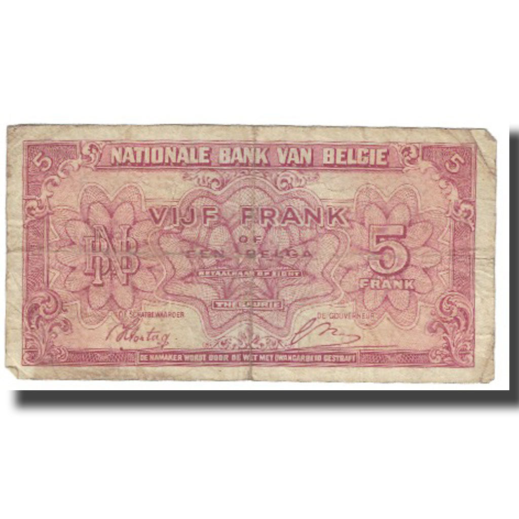 Banconote, Belgio, 5 Francs-1 Belga, 1943, 1943-02-01, KM:121, MB