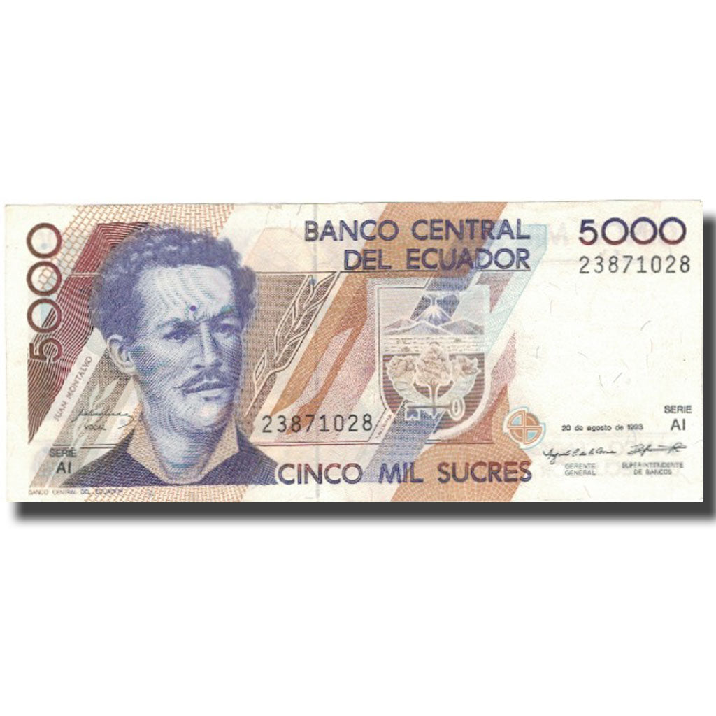 Banknote, Ecuador, 5000 Sucres, 1993, 1993-08-20, KM:128a, AU(55-58)