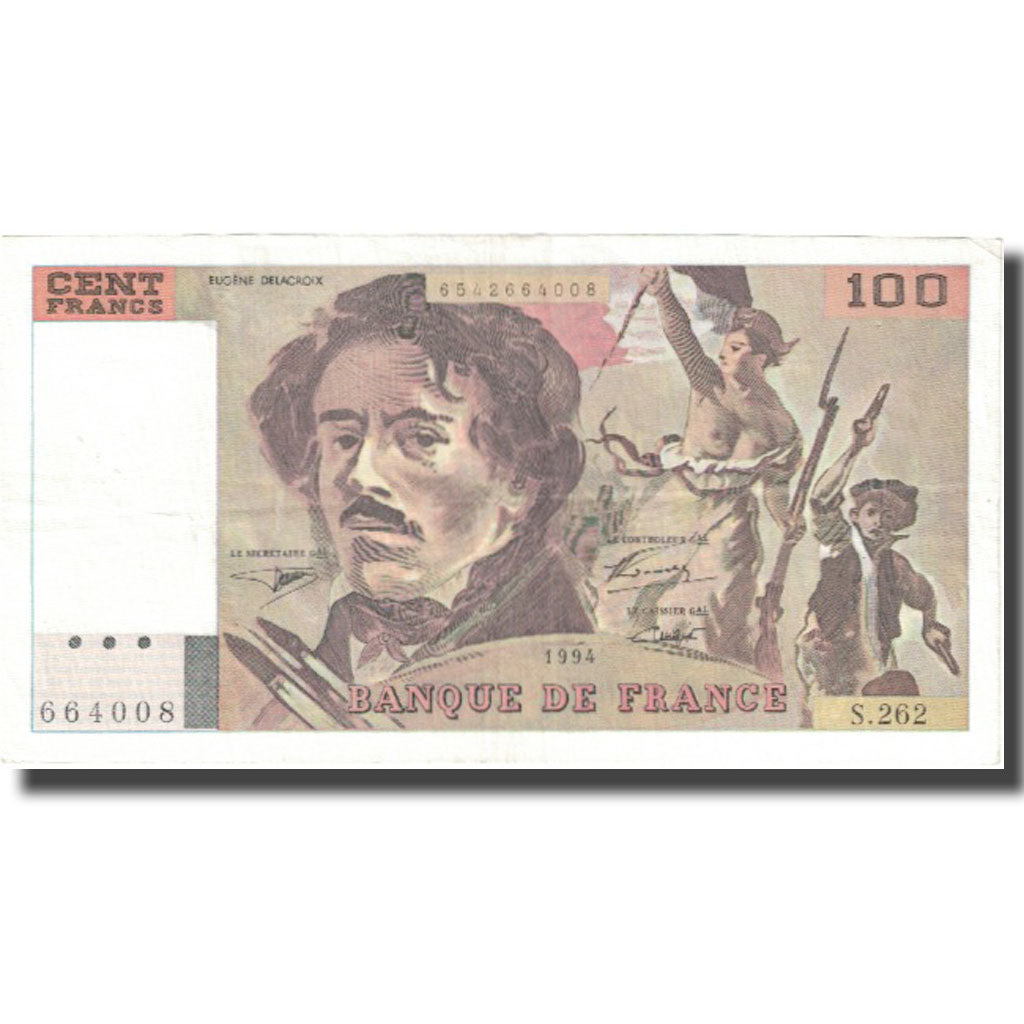 França, 100 Francs, Delacroix, 1994, 1994, VF(30-35), Fayette:69ter.1b, KM:154h