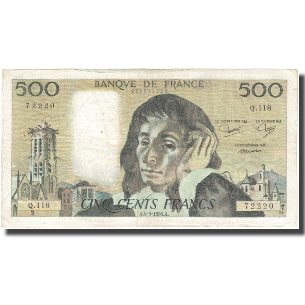 France, 500 Francs, Pascal, 1980, 1980-09-04, VF(20-25), Fayette:71.22, KM:156e