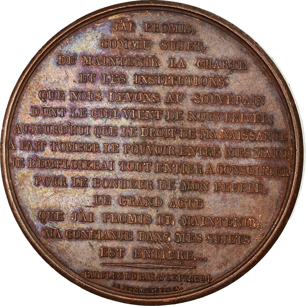 France, Medal, Charles X, 1824, Copper, Gayrard, AU(50-53)