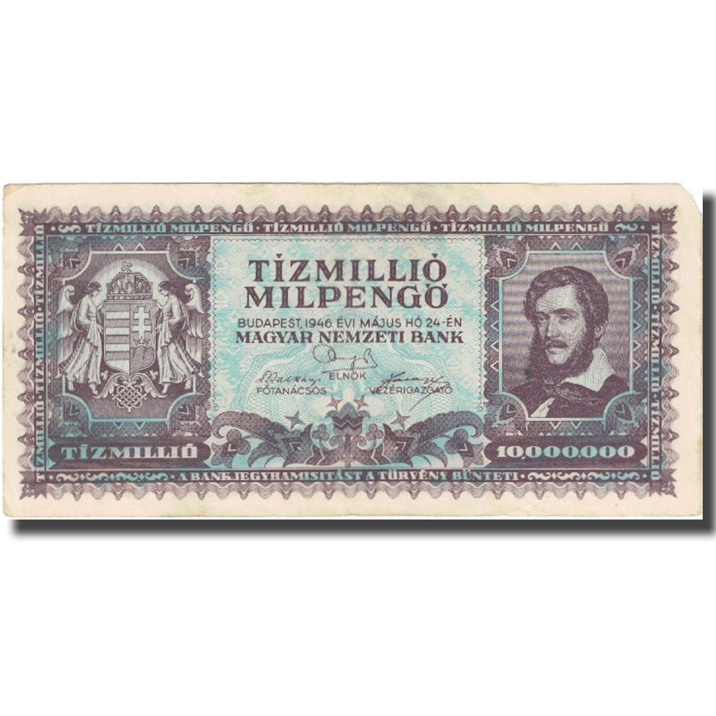 Nota, Hungria, 10 Million Milpengö, 1946, 1946-03-18, KM:129, VF(20-25)