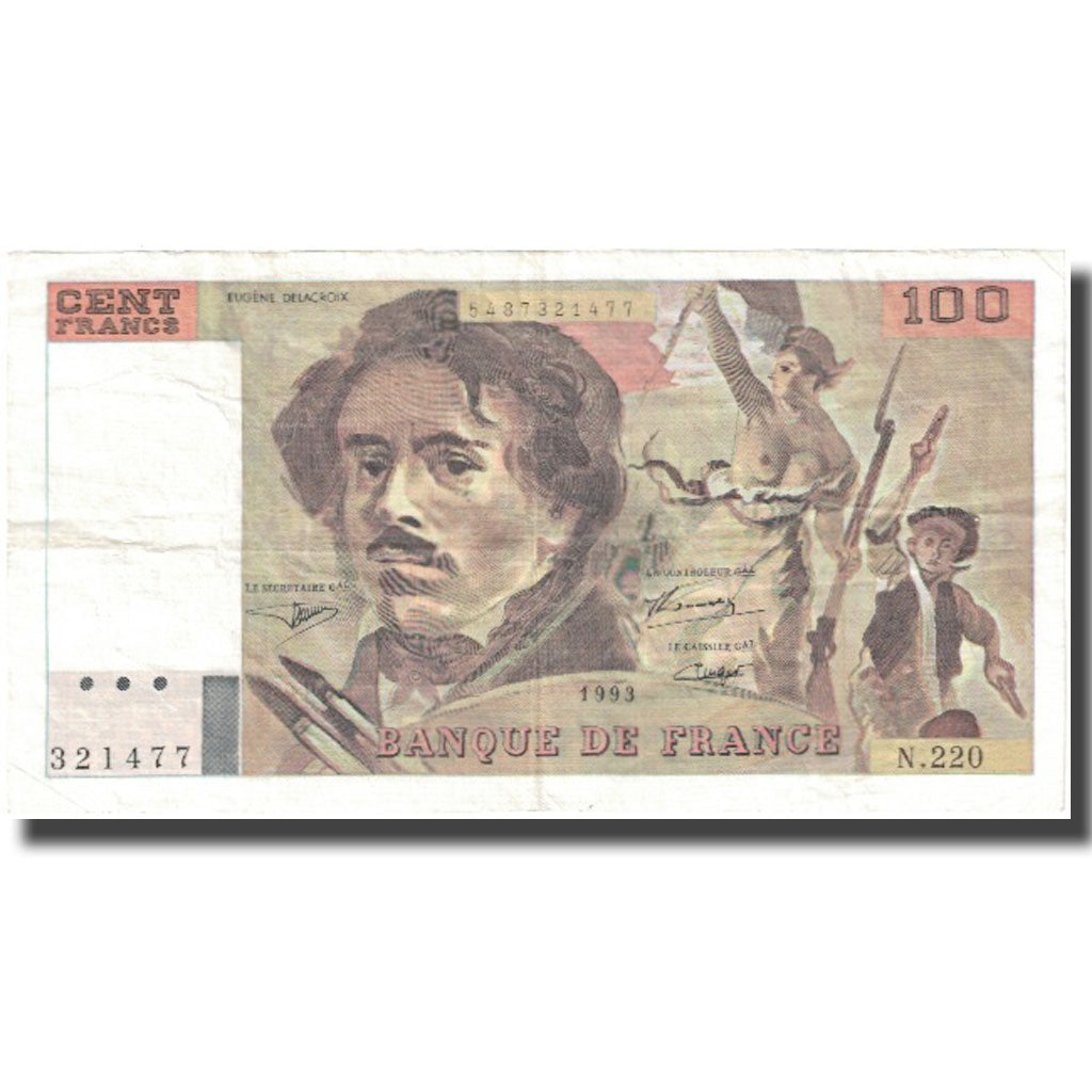 França, 100 Francs, Delacroix, 1993, VF(30-35), Fayette:69bis.7, KM:154g