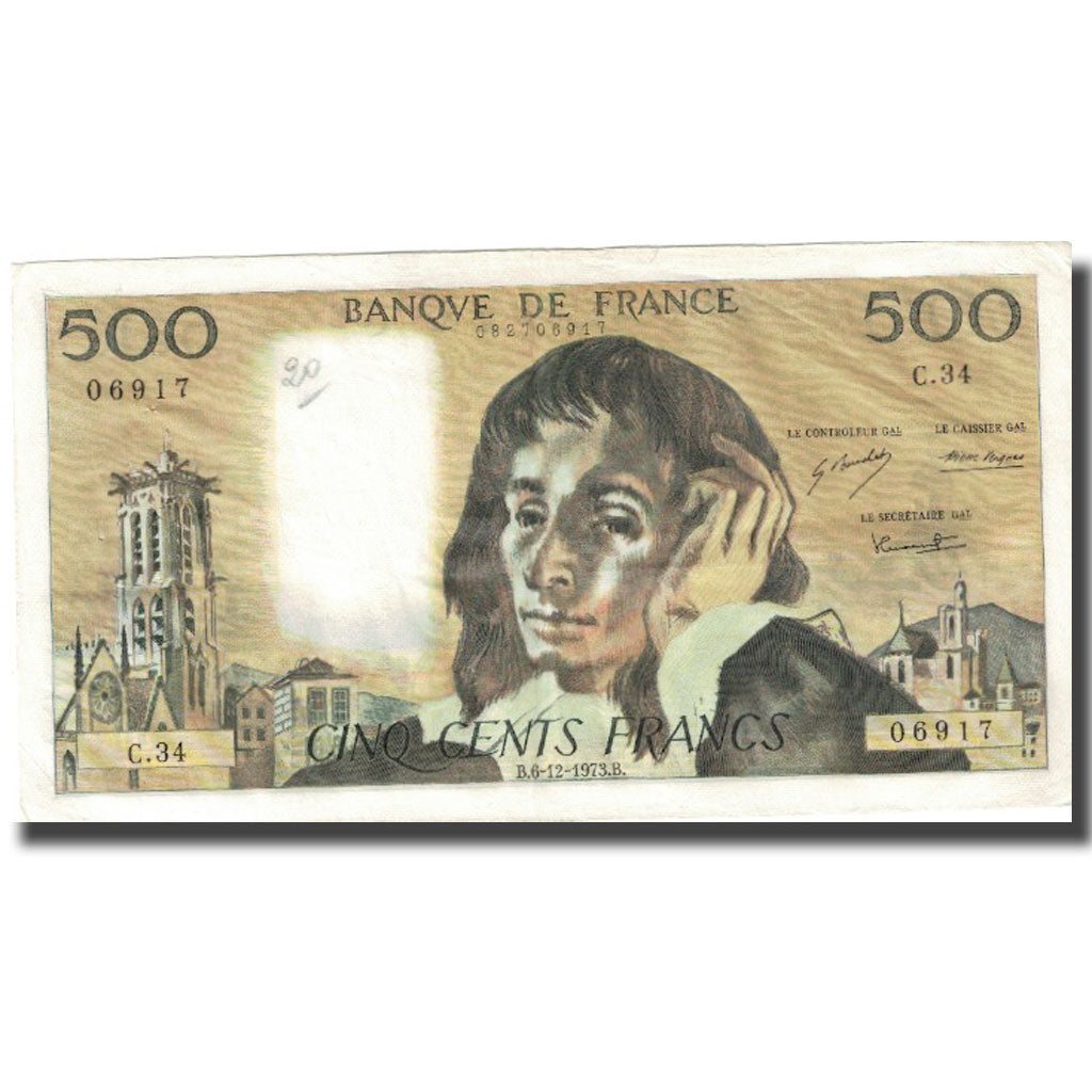 Francja, 500 Francs, Pascal, 1973, 1973-12-06, VF(20-25), Fayette:71.10, KM:156b