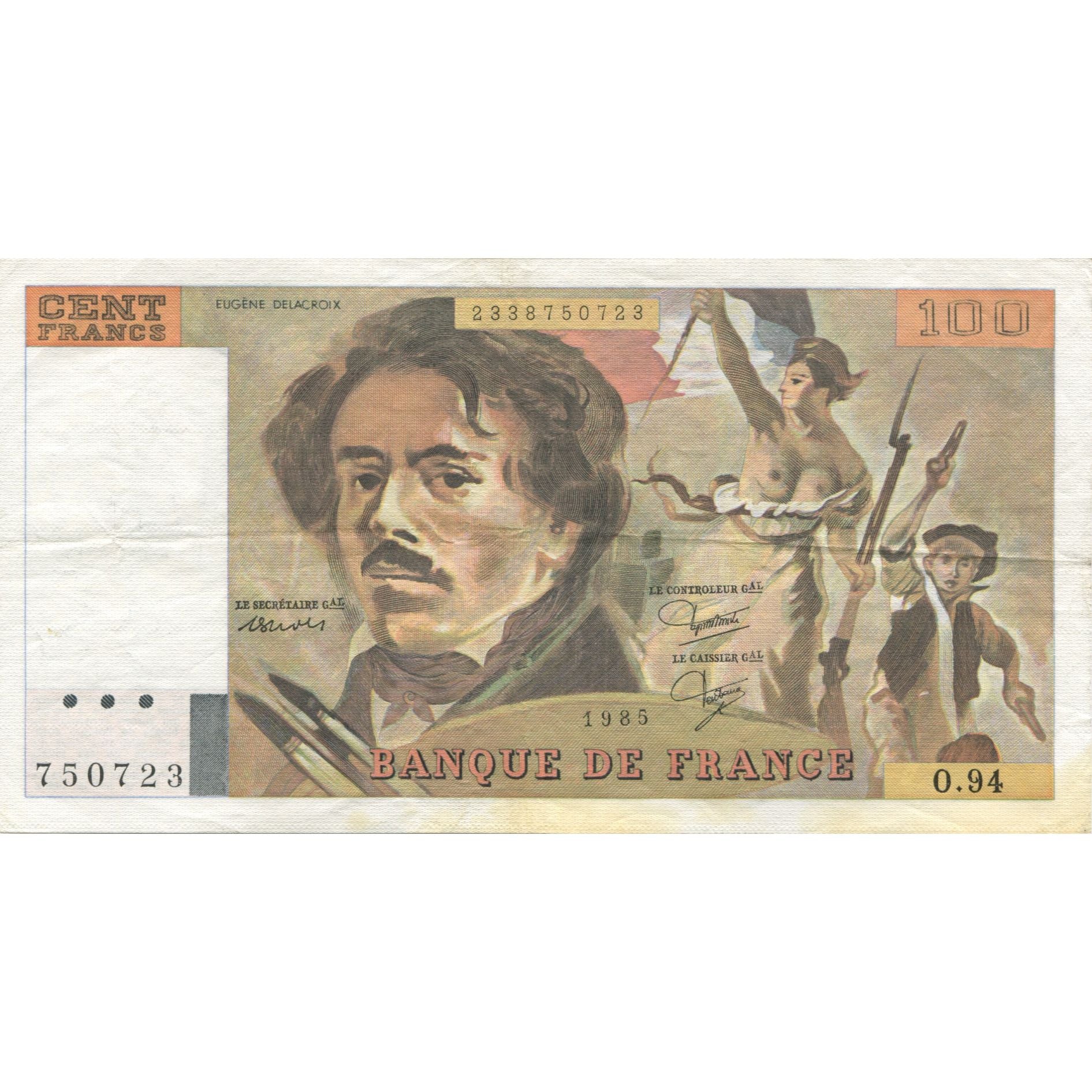 France, 100 Francs, Delacroix, 1985, AU(55-58), Fayette:69.9, KM:154b