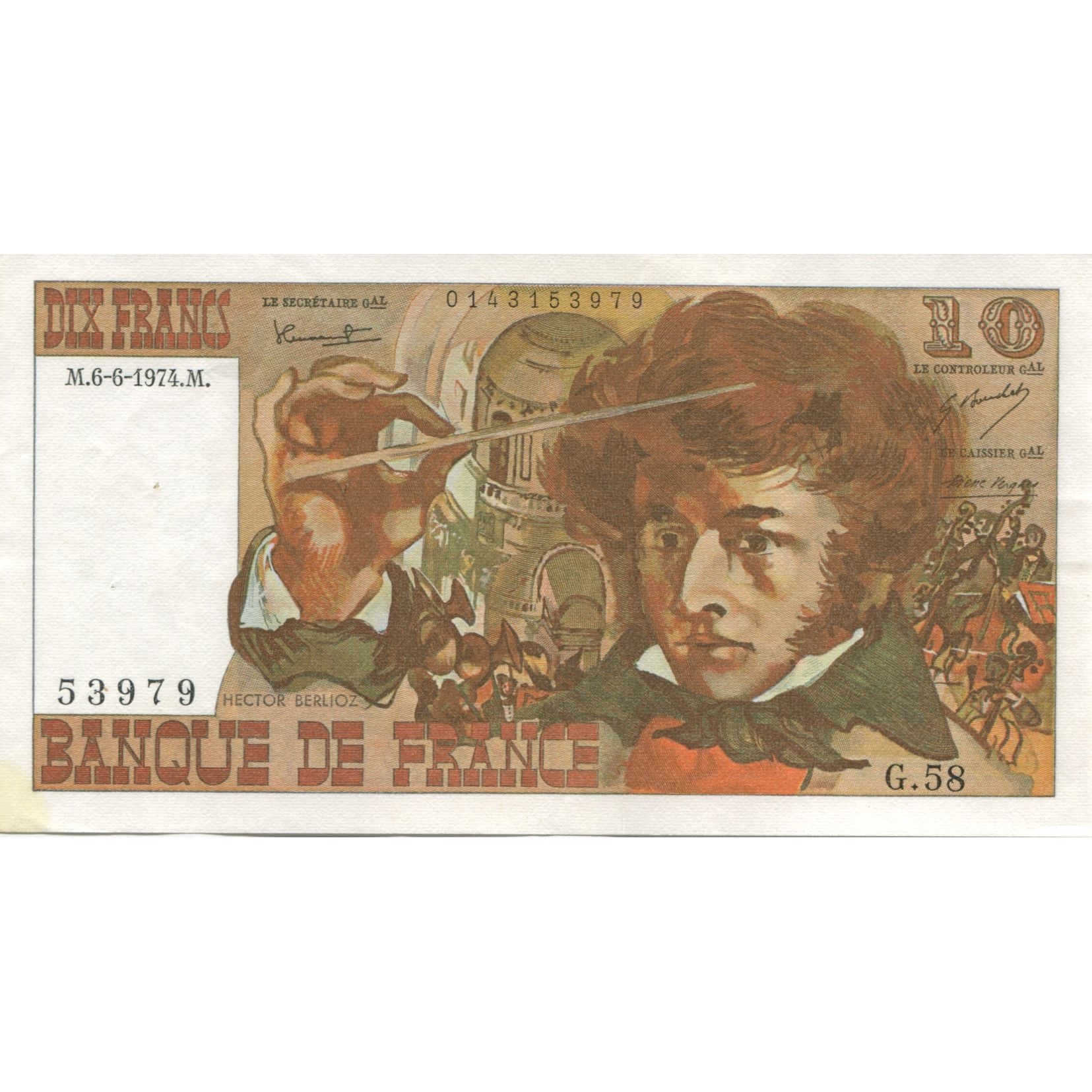 Francja, 10 Francs, Berlioz, 1974, 1974-06-06, AU(55-58), Fayette:63.5, KM:150a