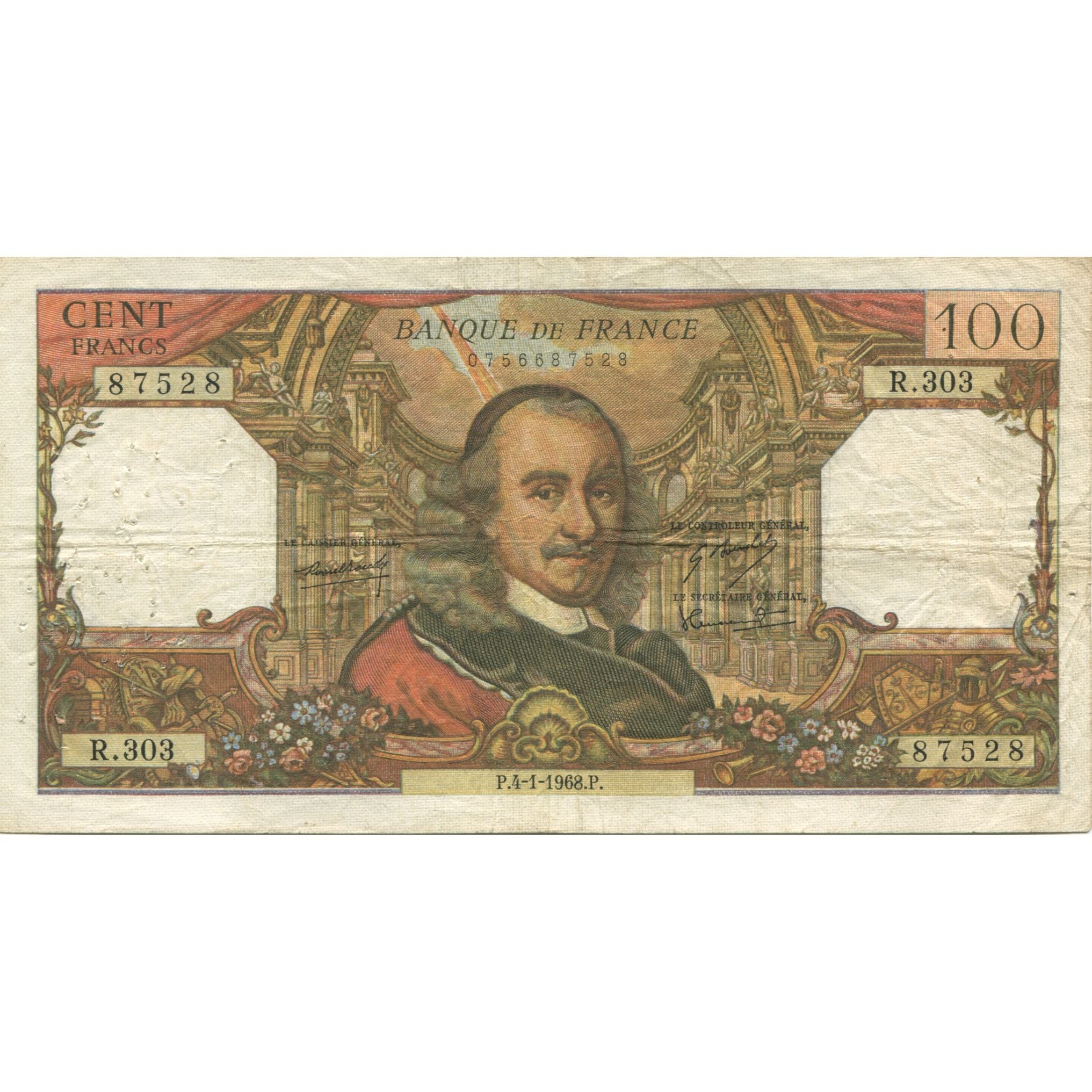 França, 100 Francs, Corneille, 1968, 1968-01-04, EF(40-45), Fayette:65.20