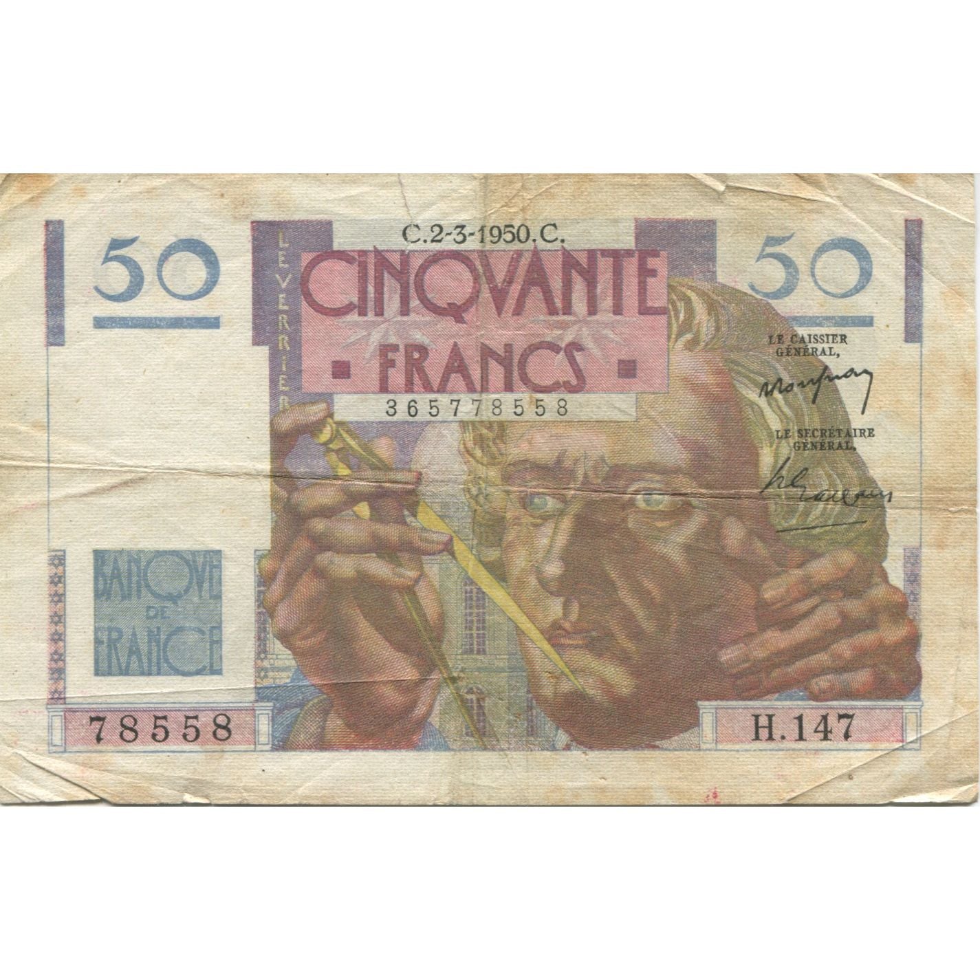 France, 50 Francs, Le Verrier, 1950, 1950-03-02, VF(20-25), Fayette:20.14