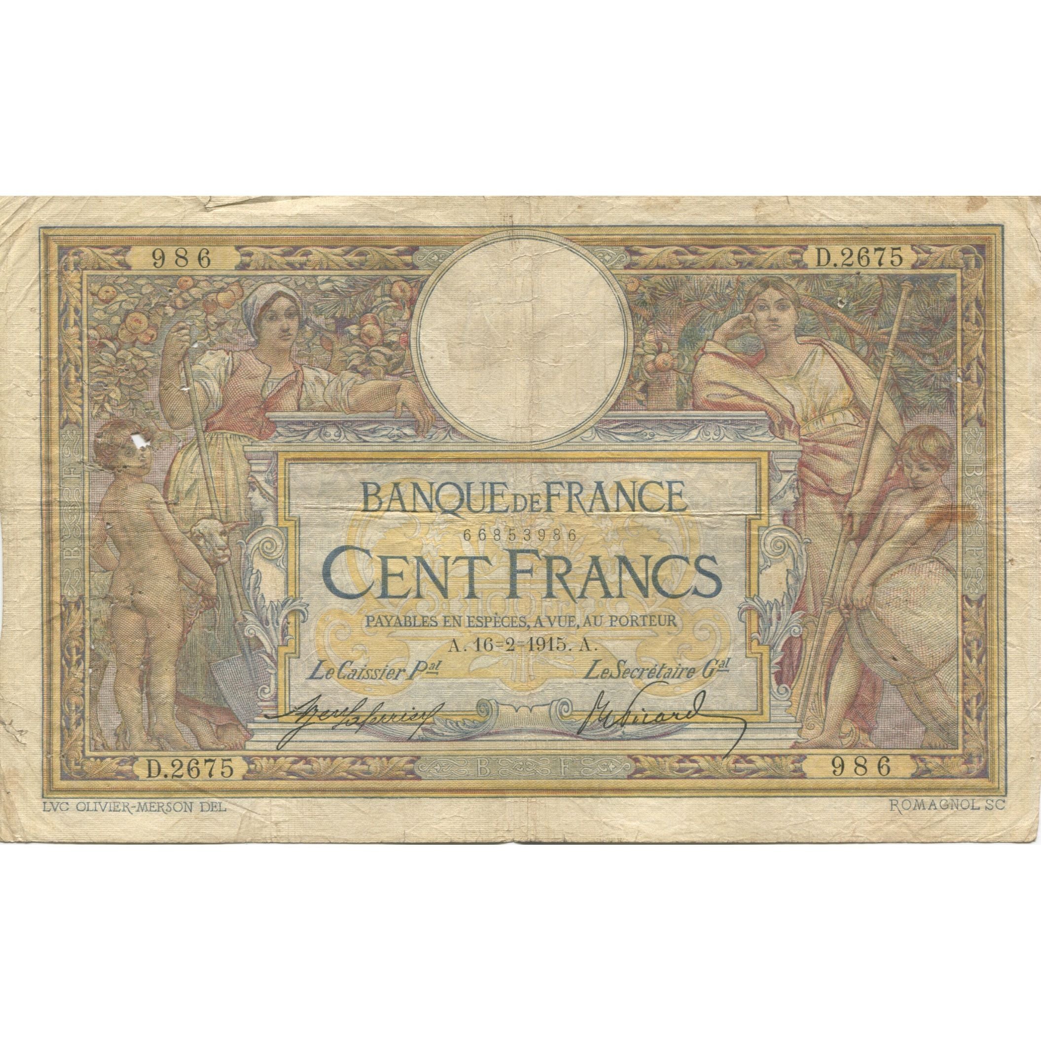 France, 100 Francs, Luc Olivier Merson, 1915, 1915-02-10, TB, Fayette:23.7