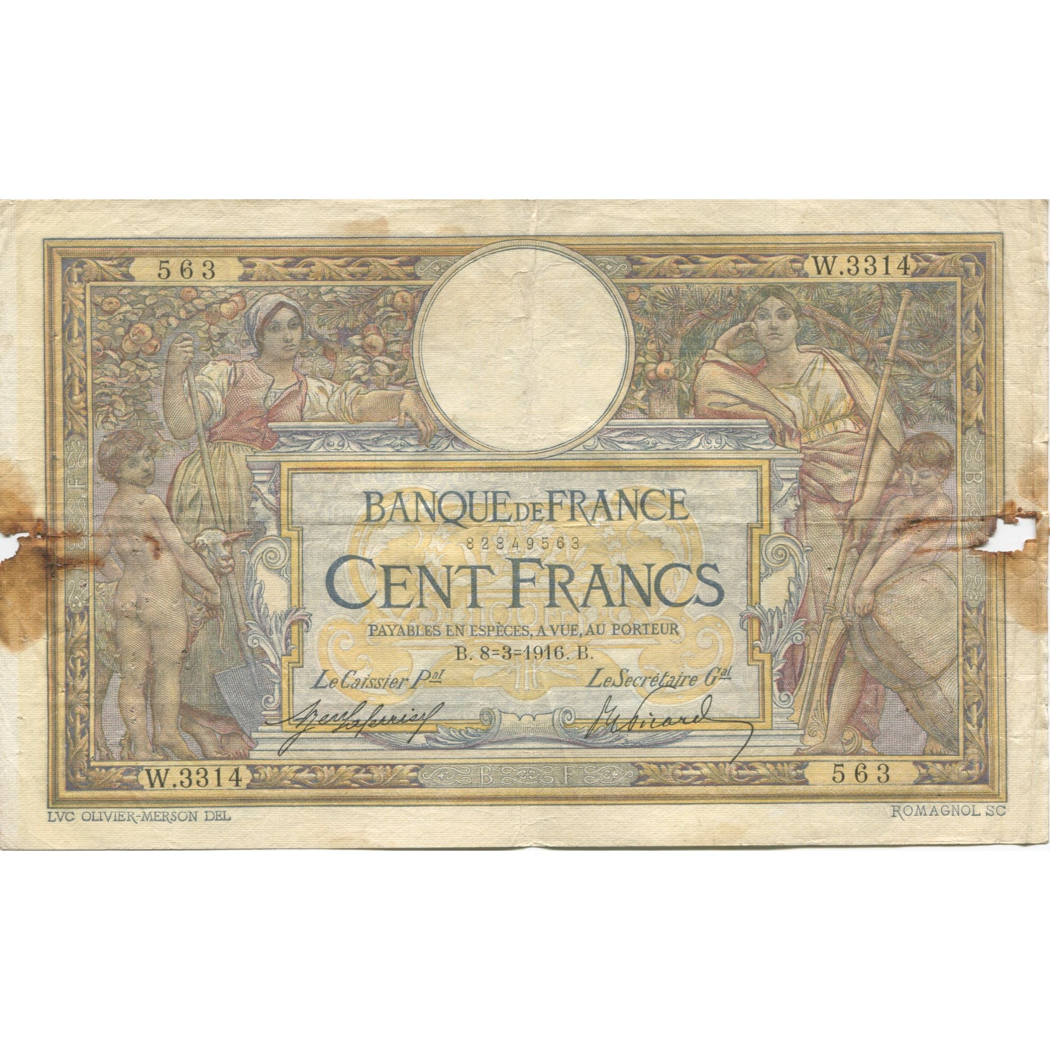 France, 100 Francs, Luc Olivier Merson, 1916, 1916-03-08, VF(20-25)