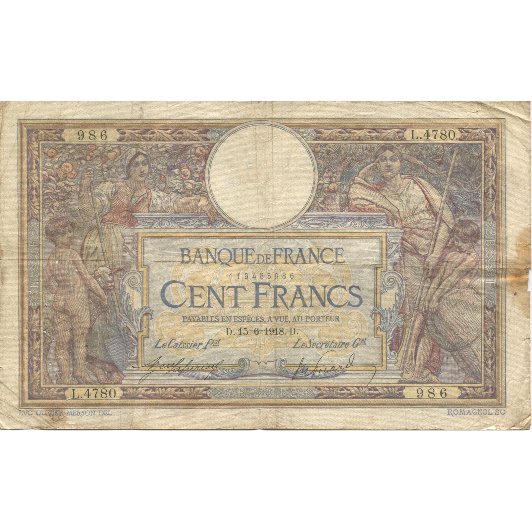 Francia, 100 Francs, Luc Olivier Merson, 1918, 1918-06-15, MB, Fayette:23.10
