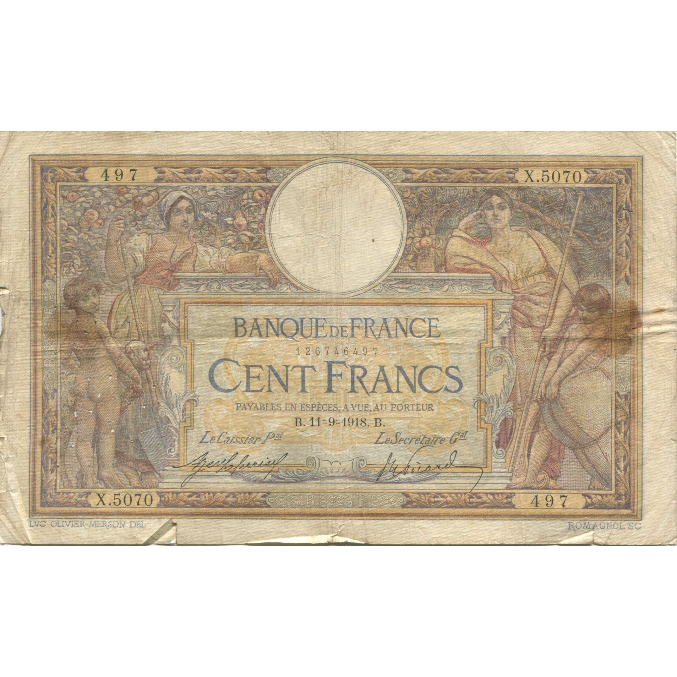 França, 100 Francs, Luc Olivier Merson, 1918, 1918-09-11, VF(20-25)