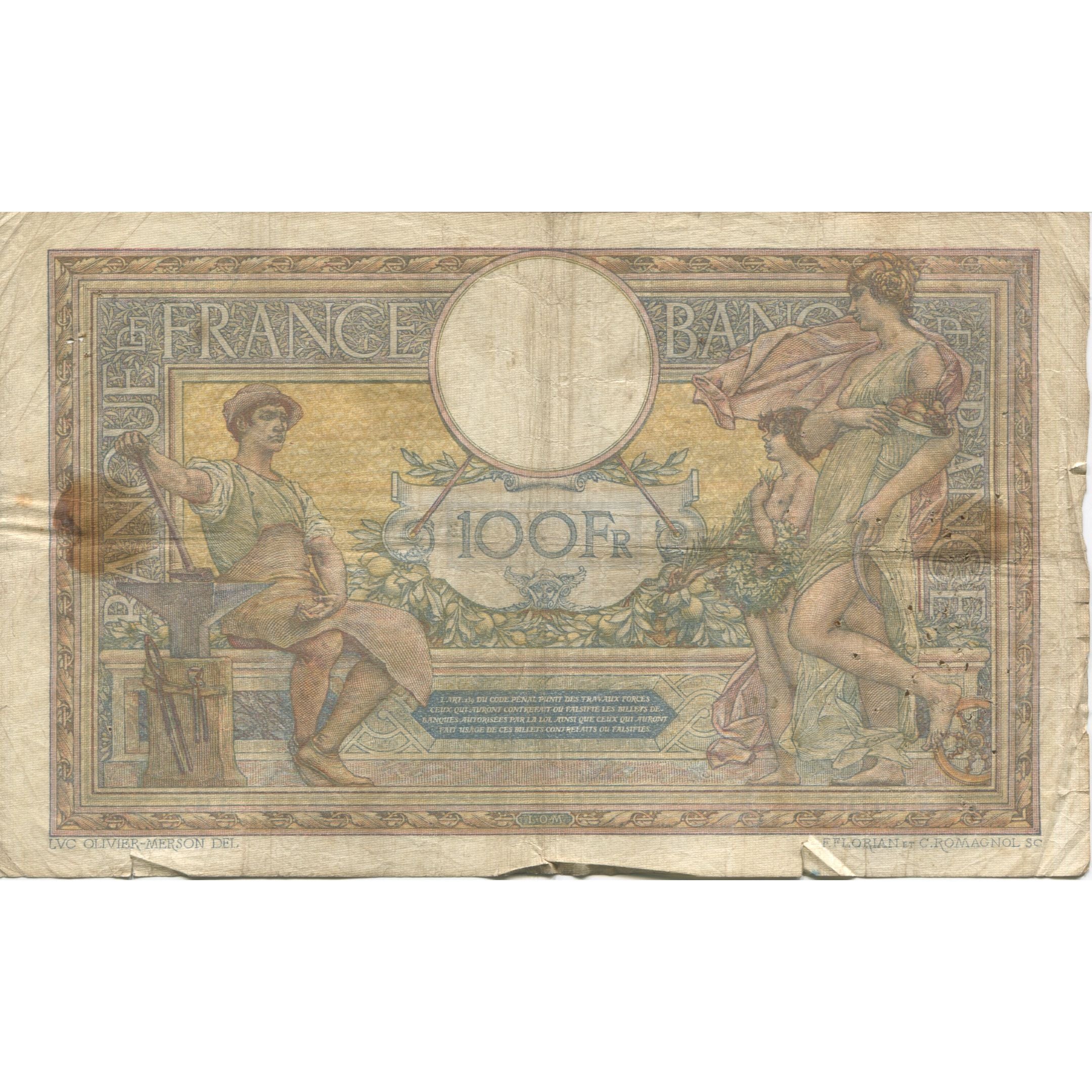 França, 100 Francs, Luc Olivier Merson, 1918, 1918-09-11, VF(20-25)