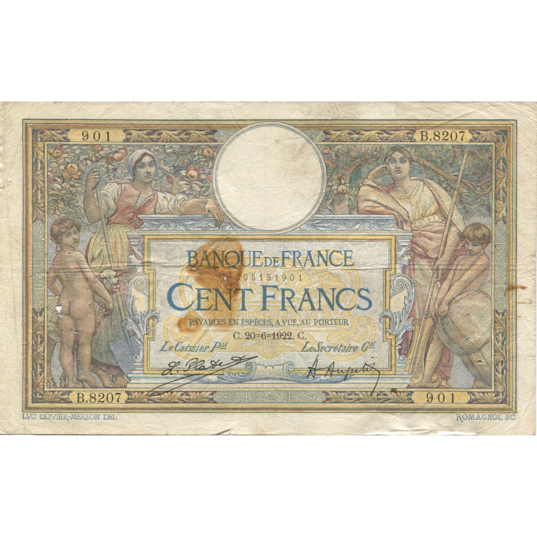 Frankrijk, 100 Francs, Luc Olivier Merson, 1922, 1922-06-20, TB, Fayette:23.15
