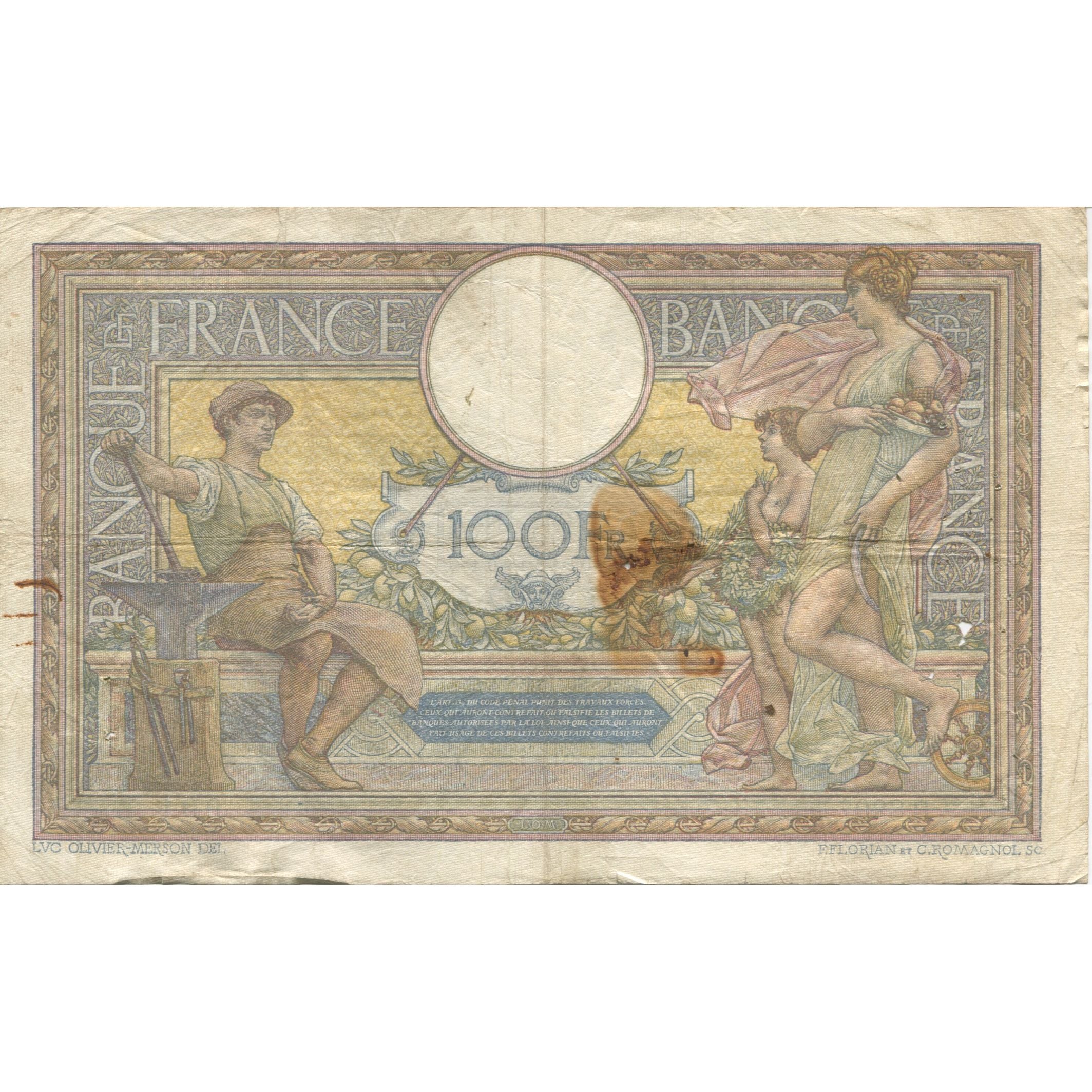 Frankrijk, 100 Francs, Luc Olivier Merson, 1922, 1922-06-20, TB, Fayette:23.15