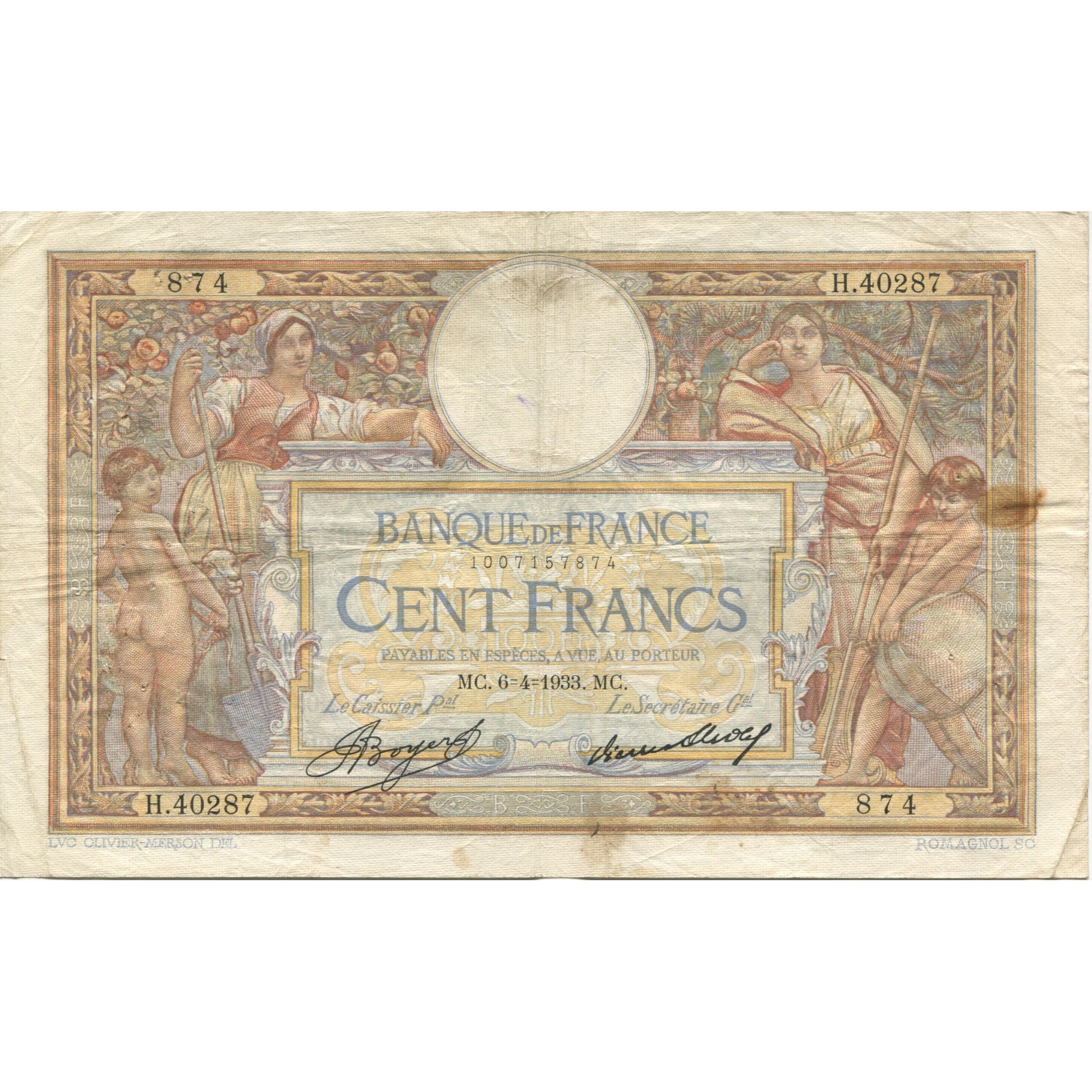 Francia, 100 Francs, Luc Olivier Merson, 1933, 1933-04-06, BC, Fayette:24.12