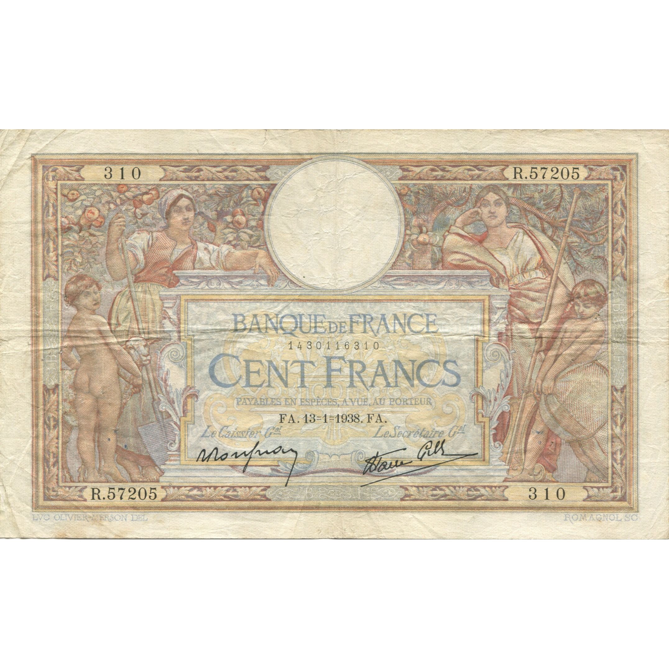 France, 100 Francs, Luc Olivier Merson, 1938, 1938-01-13, VF(20-25)