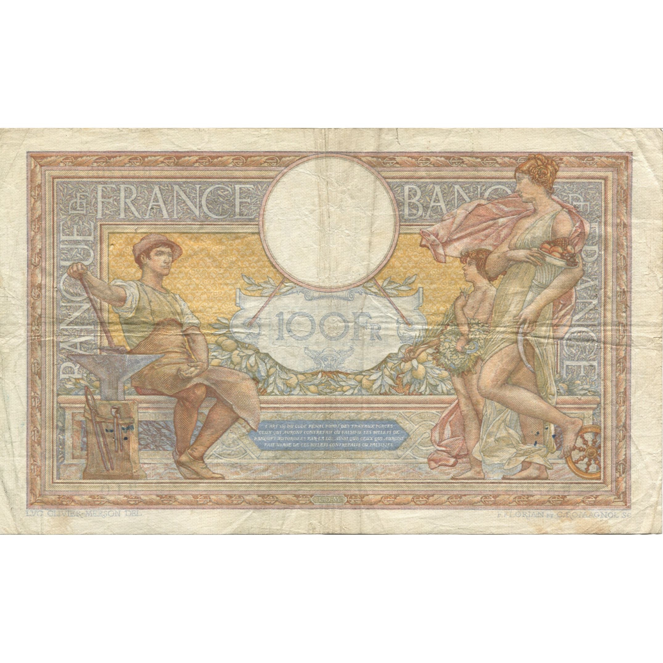 France, 100 Francs, Luc Olivier Merson, 1938, 1938-01-13, VF(20-25)