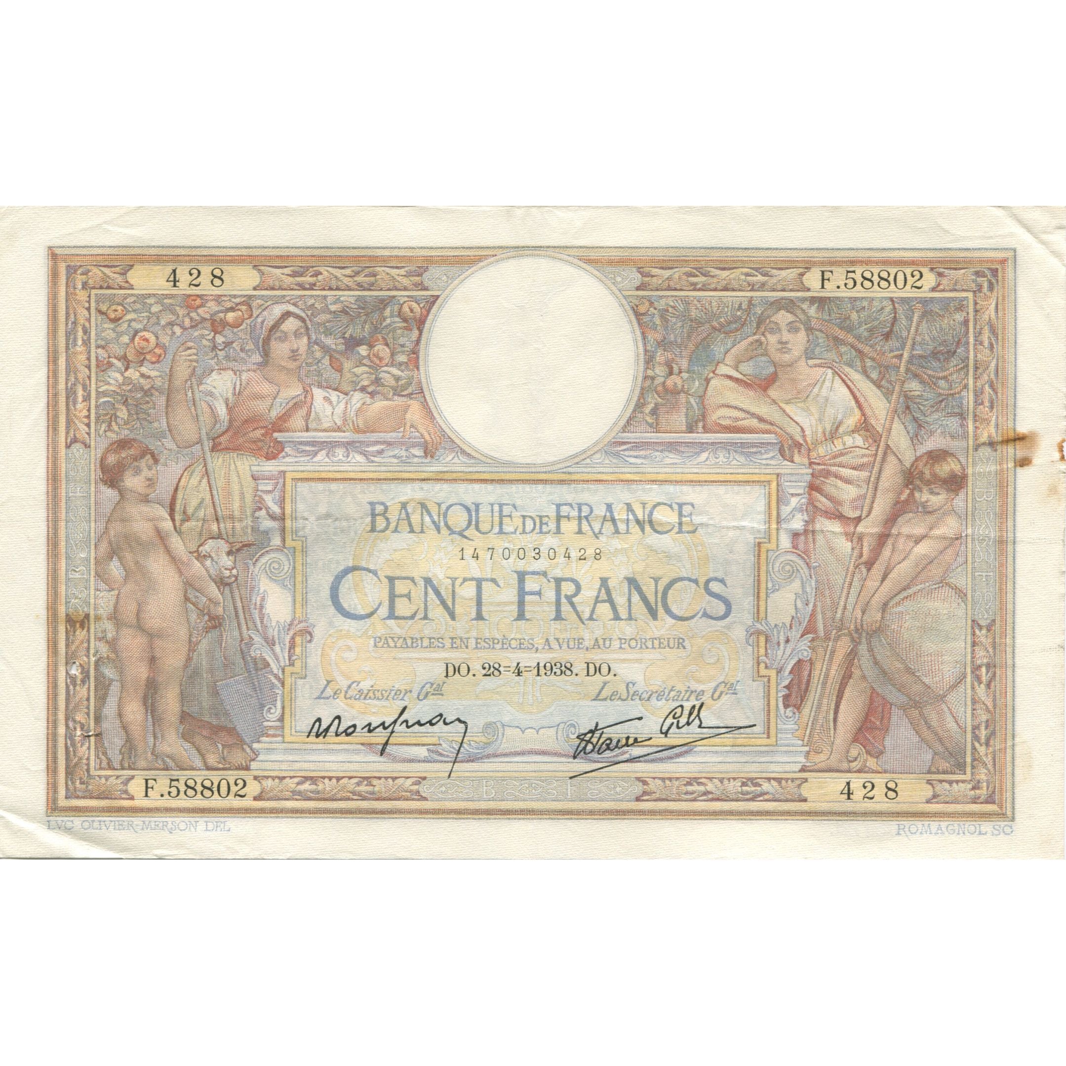 France, 100 Francs, Luc Olivier Merson, 1938, 1938-04-28, VF(20-25)