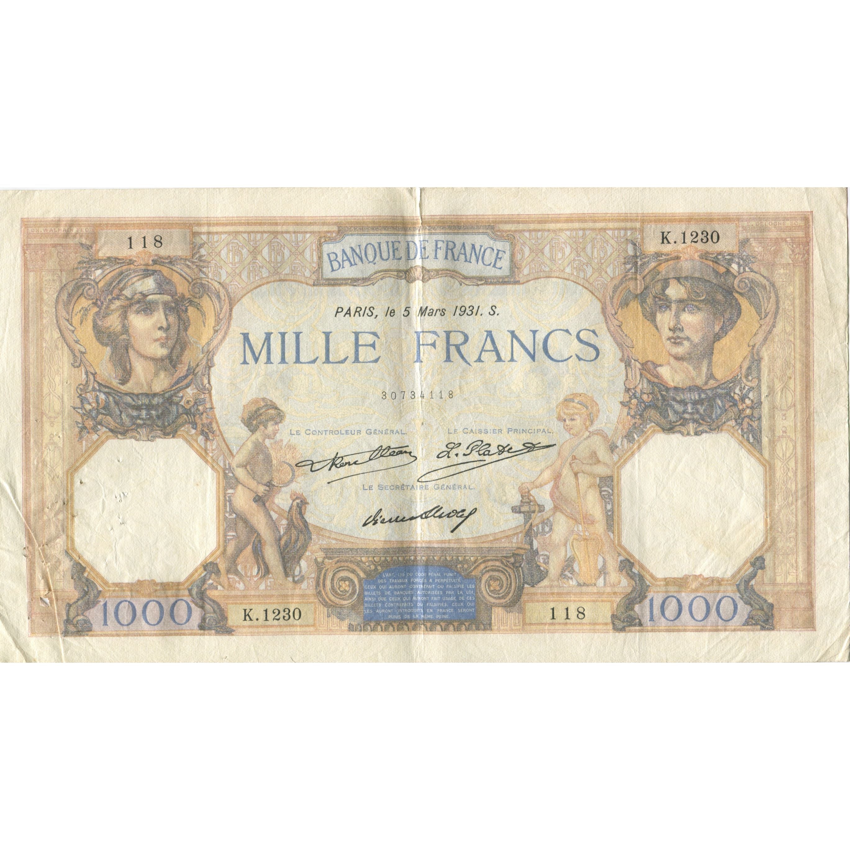 Francia, 1000 Francs, Cérès et Mercure, 1931, 1931-03-05, BC, Fayette:37.6