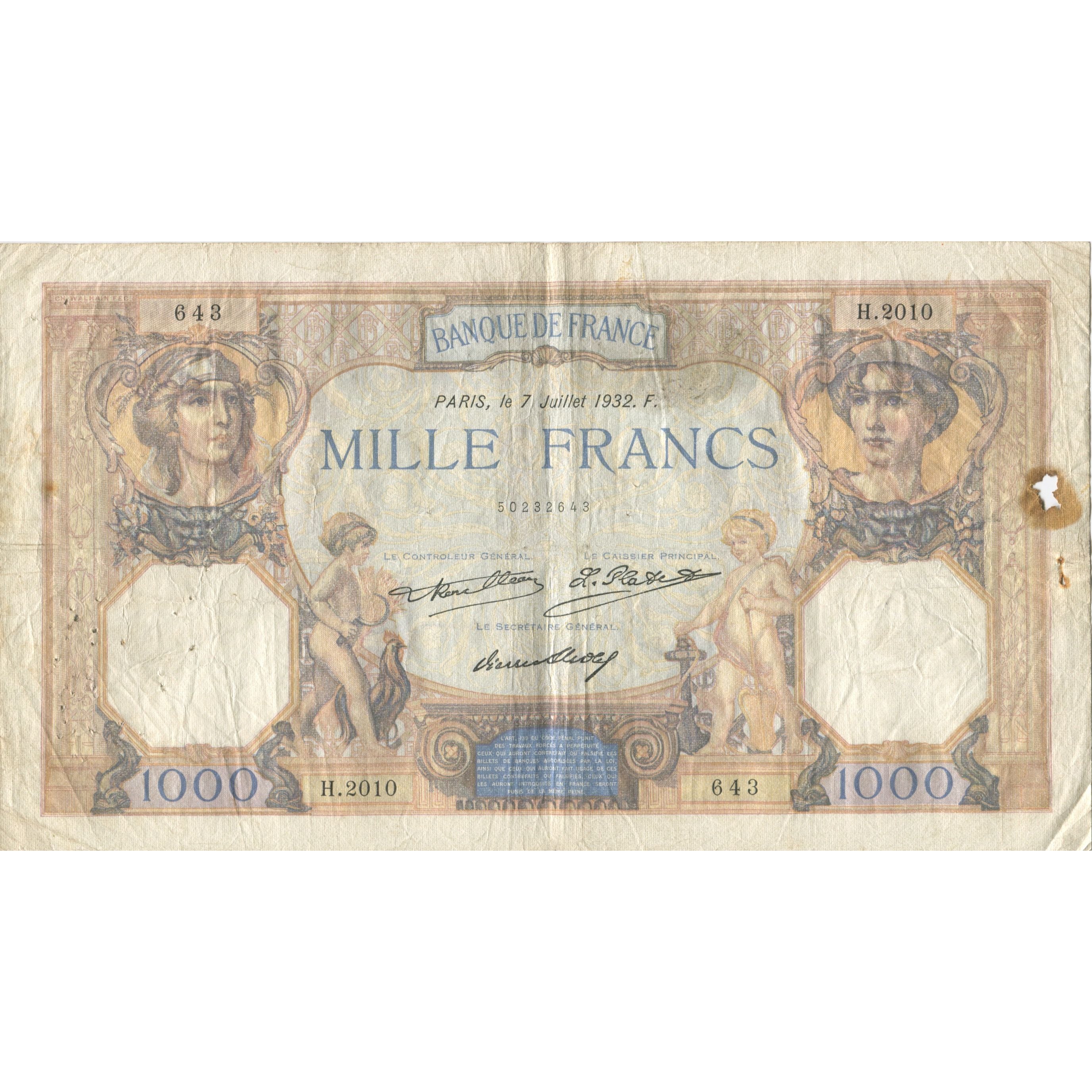 France, 1000 Francs, Cérès et Mercure, 1932, 1932-07-07, TB, Fayette:37.7