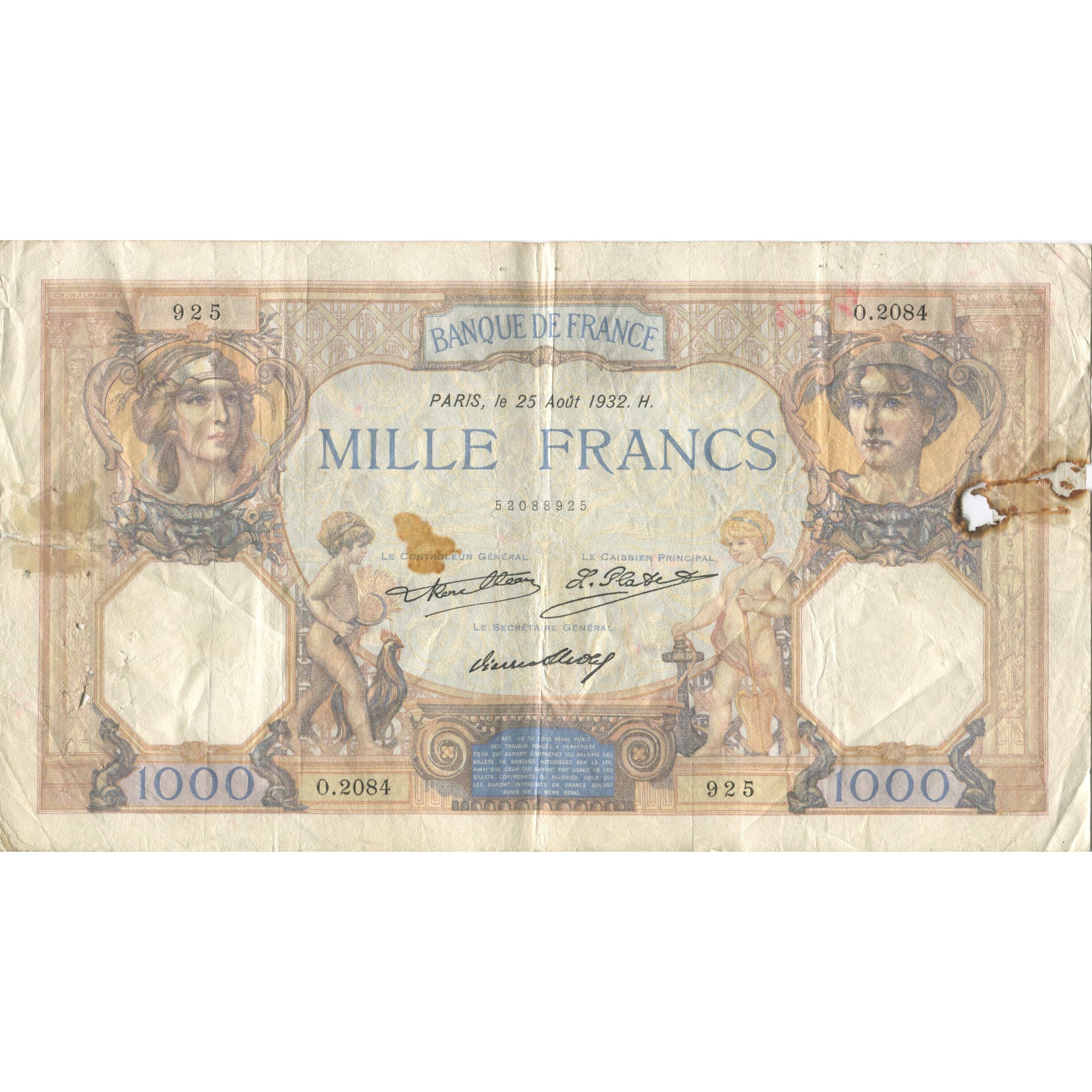 Francia, 1000 Francs, Cérès et Mercure, 1932, 1932-08-25, MB, Fayette:37.7