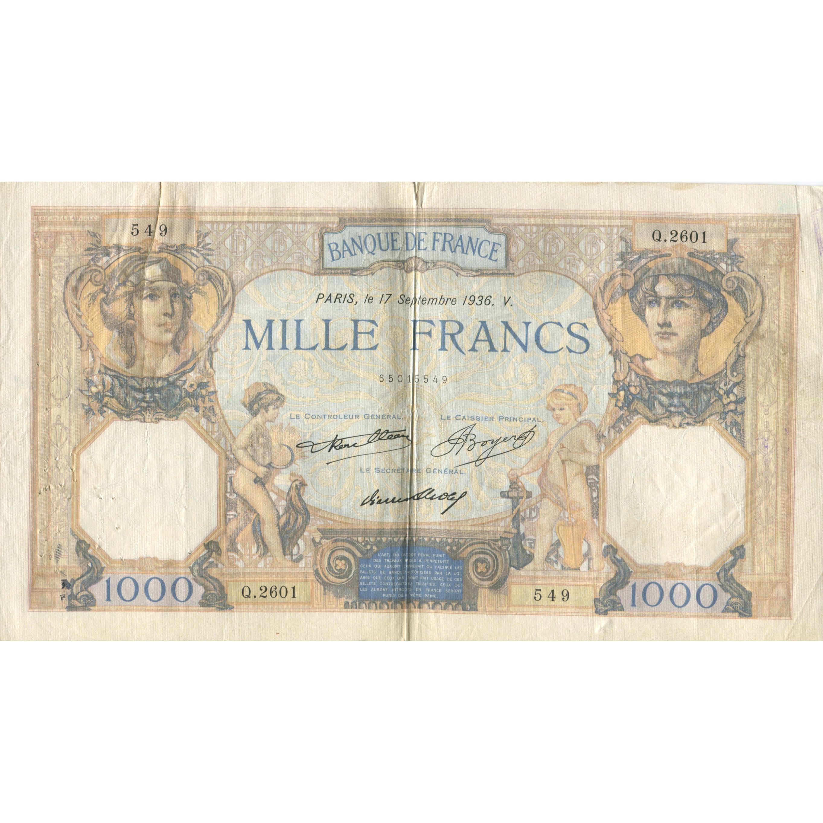 Frankreich, 1000 Francs, Cérès et Mercure, 1936, 1936-09-17, S, Fayette:37.9