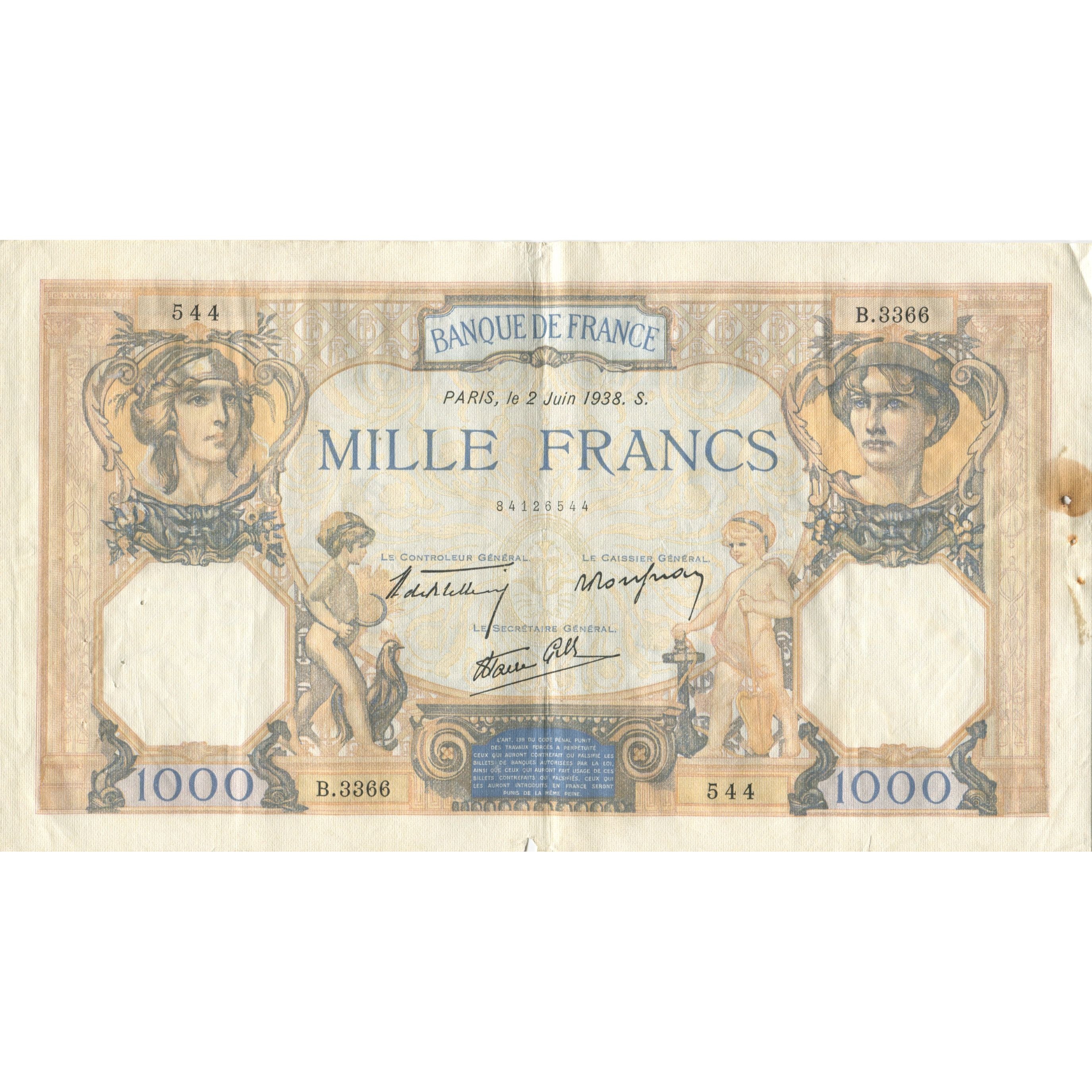 Frankreich, 1000 Francs, Cérès et Mercure, 1938, 1938-06-02, S, Fayette:38.17