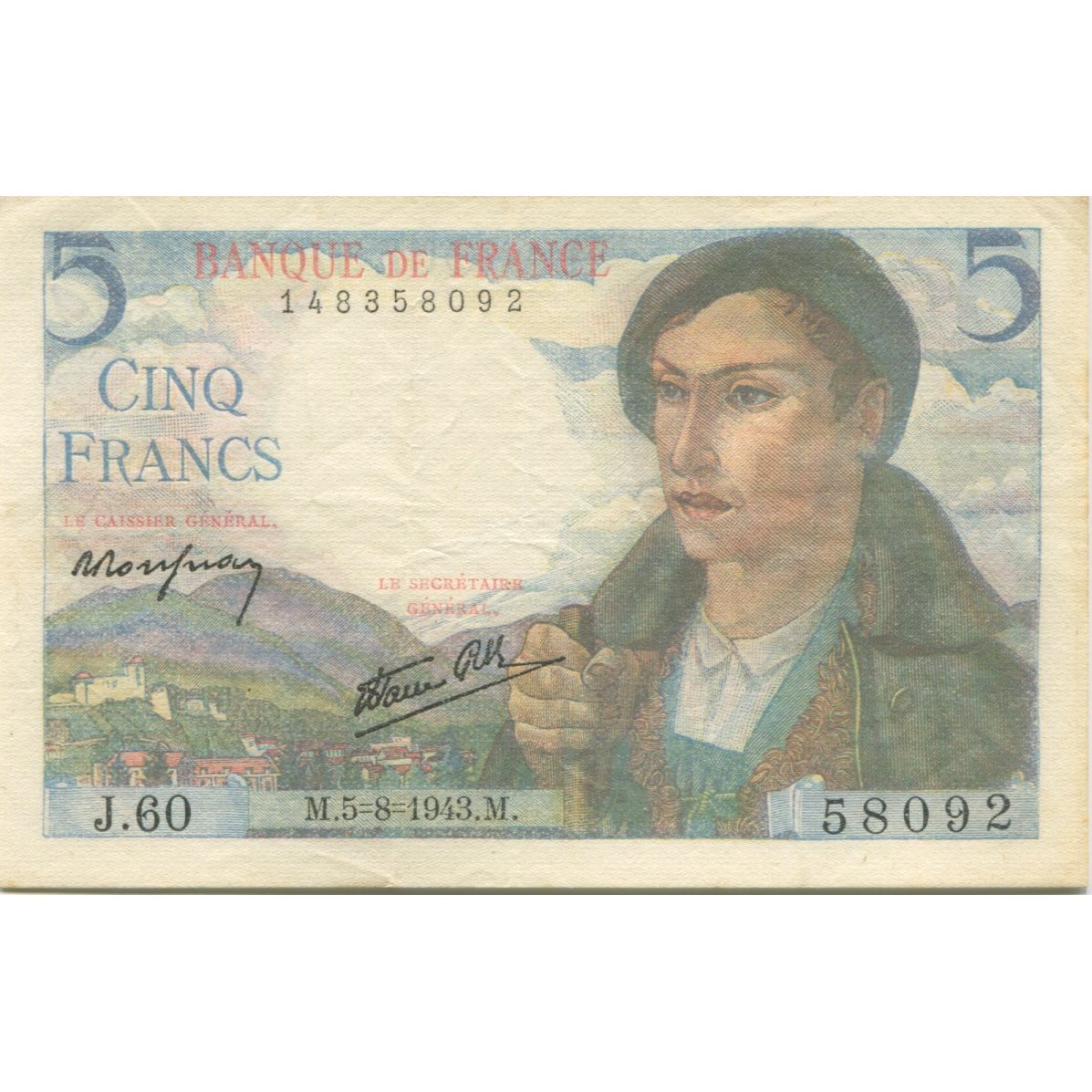 France, 5 Francs, Berger, 1943, 1943-08-05, SUP, Fayette:5.3, KM:98a