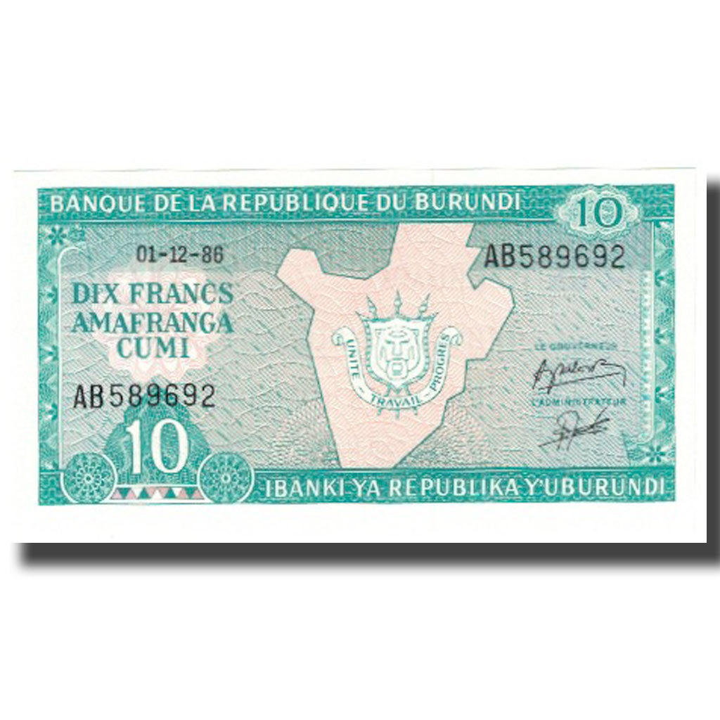 Banconote, Burundi, 10 Francs, 1986, 1986-12-01, KM:33b, FDS