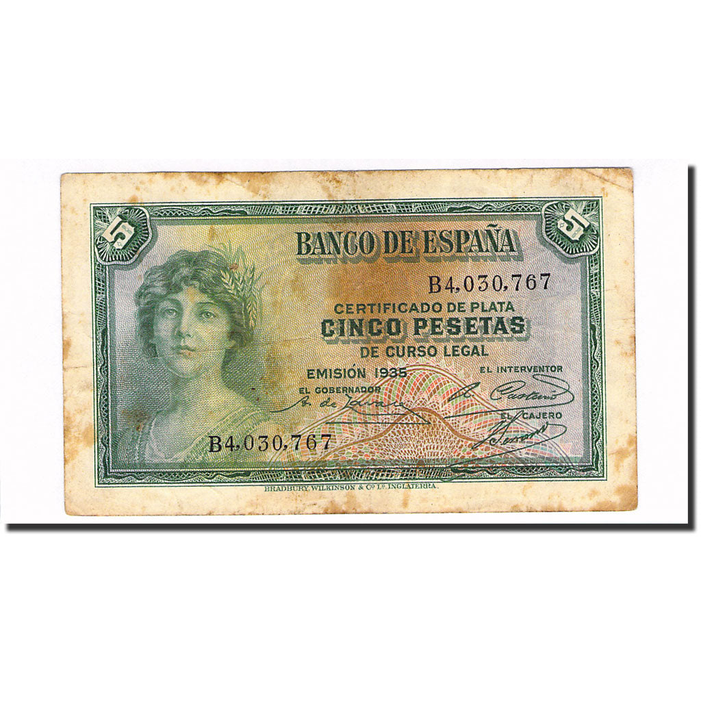 Billet, Espagne, 5 Pesetas, 1935, KM:85a, TB+