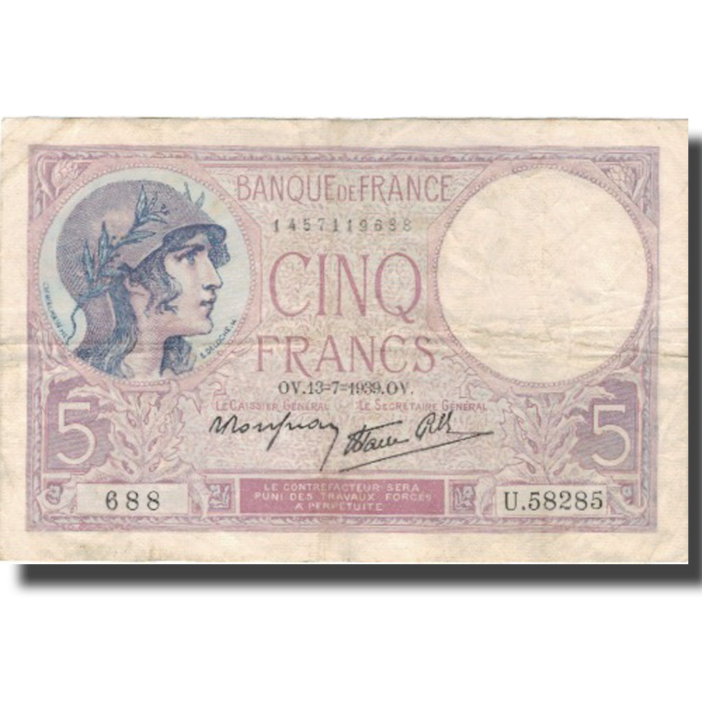 France, 5 Francs, Violet, 1939, 1939-07-13, TB+, Fayette:4.1, KM:83