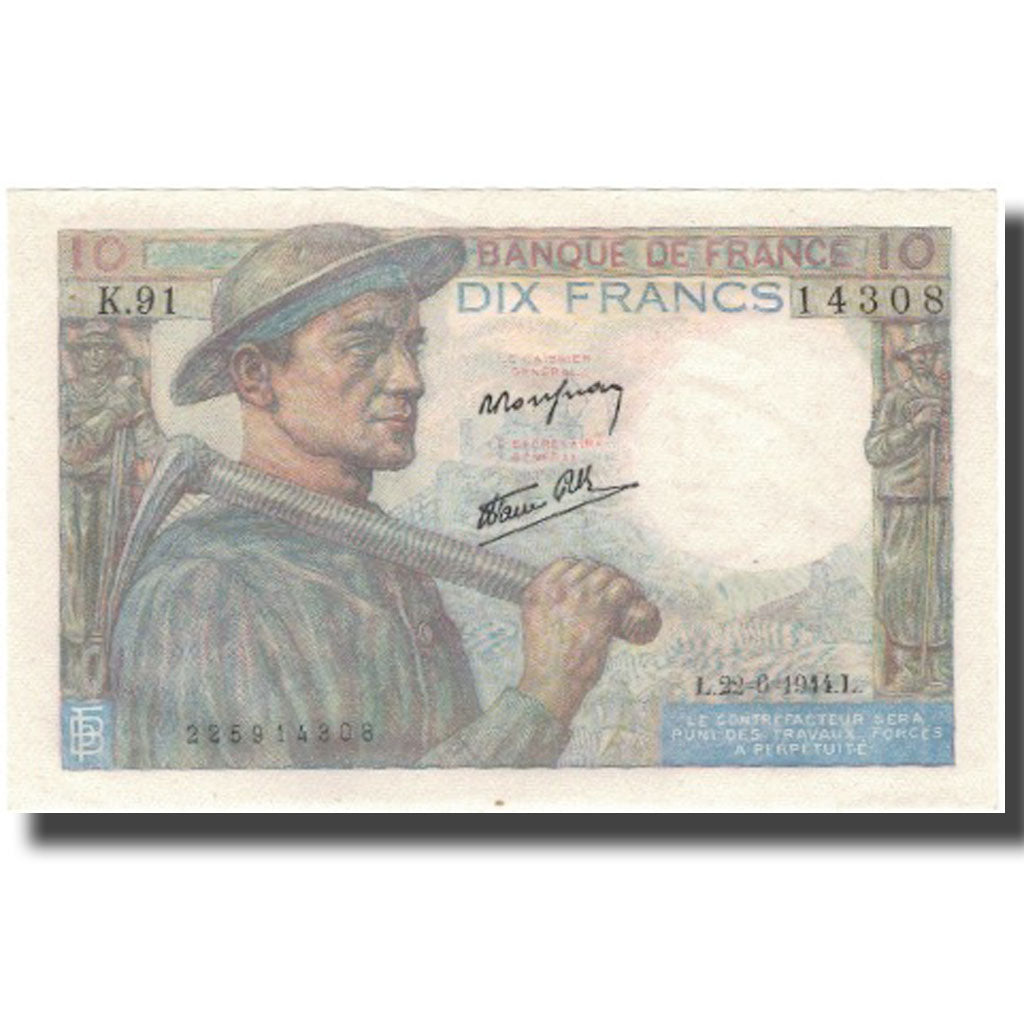 France, 10 Francs, Mineur, 1944, 1944-06-22, UNC(65-70), Fayette:8.12, KM:99e