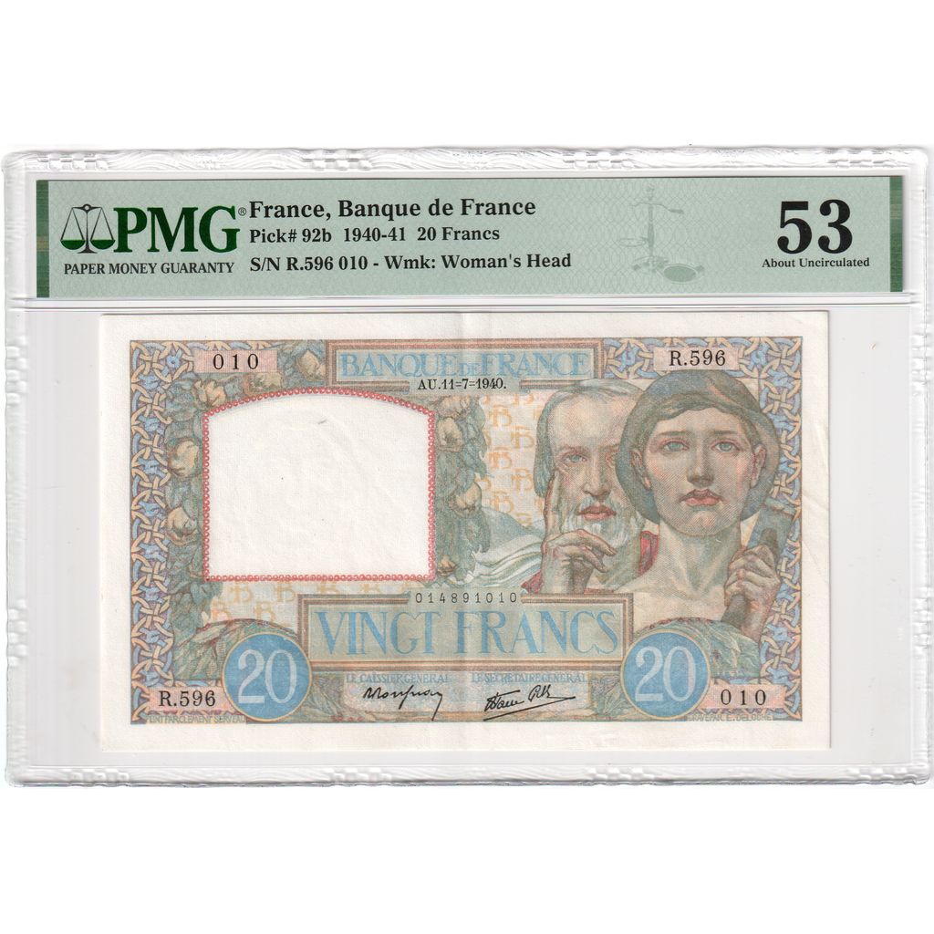 France, 20 Francs, Science et Travail, 1940, 1940-07-11, UNC(63), Fayette:12.04