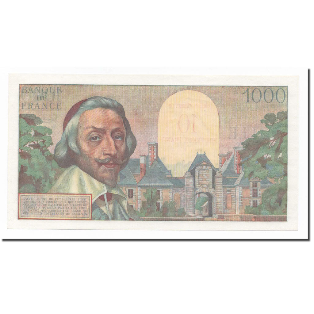 France, 10 Nouveaux Francs on 1000 Francs, 1955-1959 Overprinted with ''Nouveaux