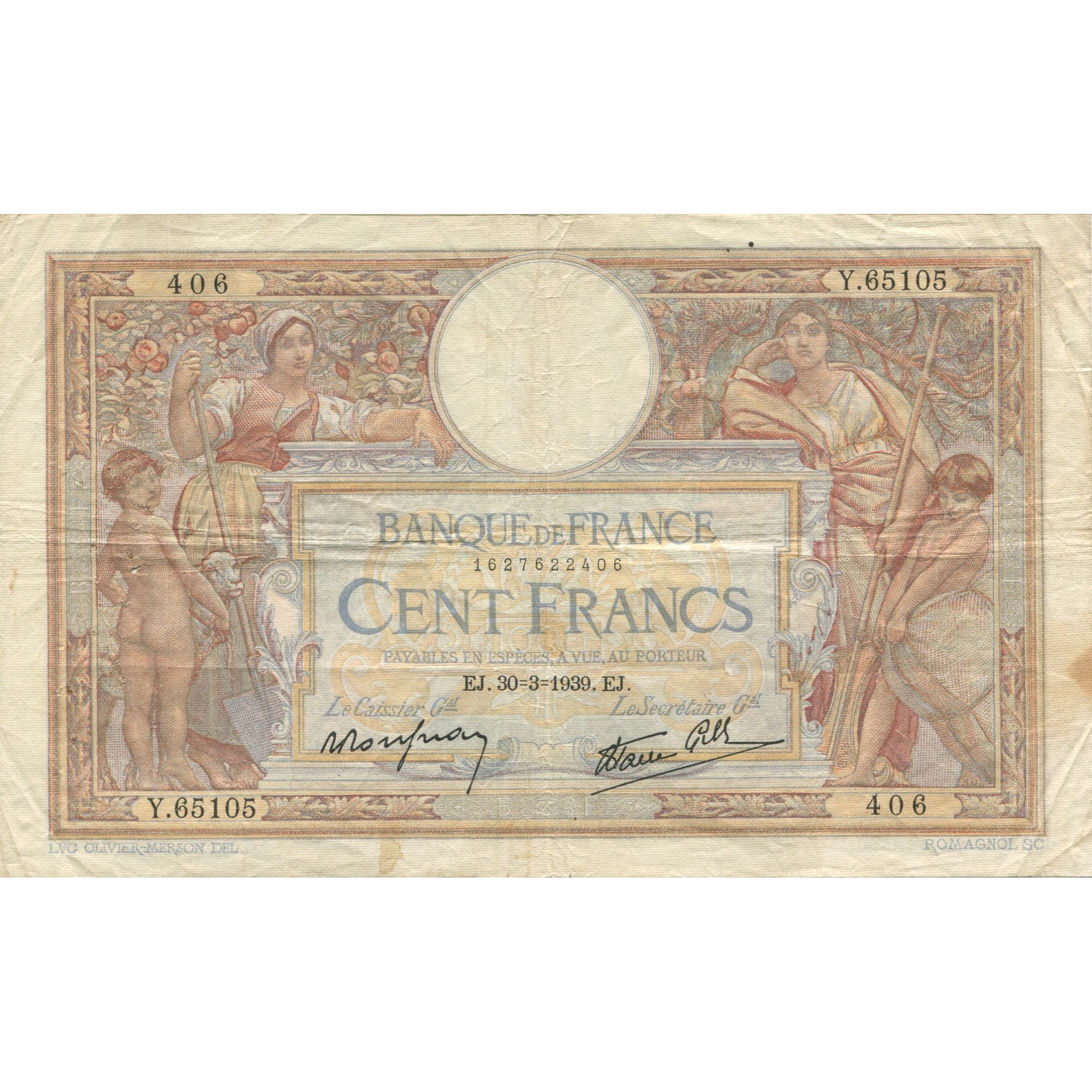 Francja, 100 Francs, Luc Olivier Merson, 1939, 1939-03-30, VF(30-35)