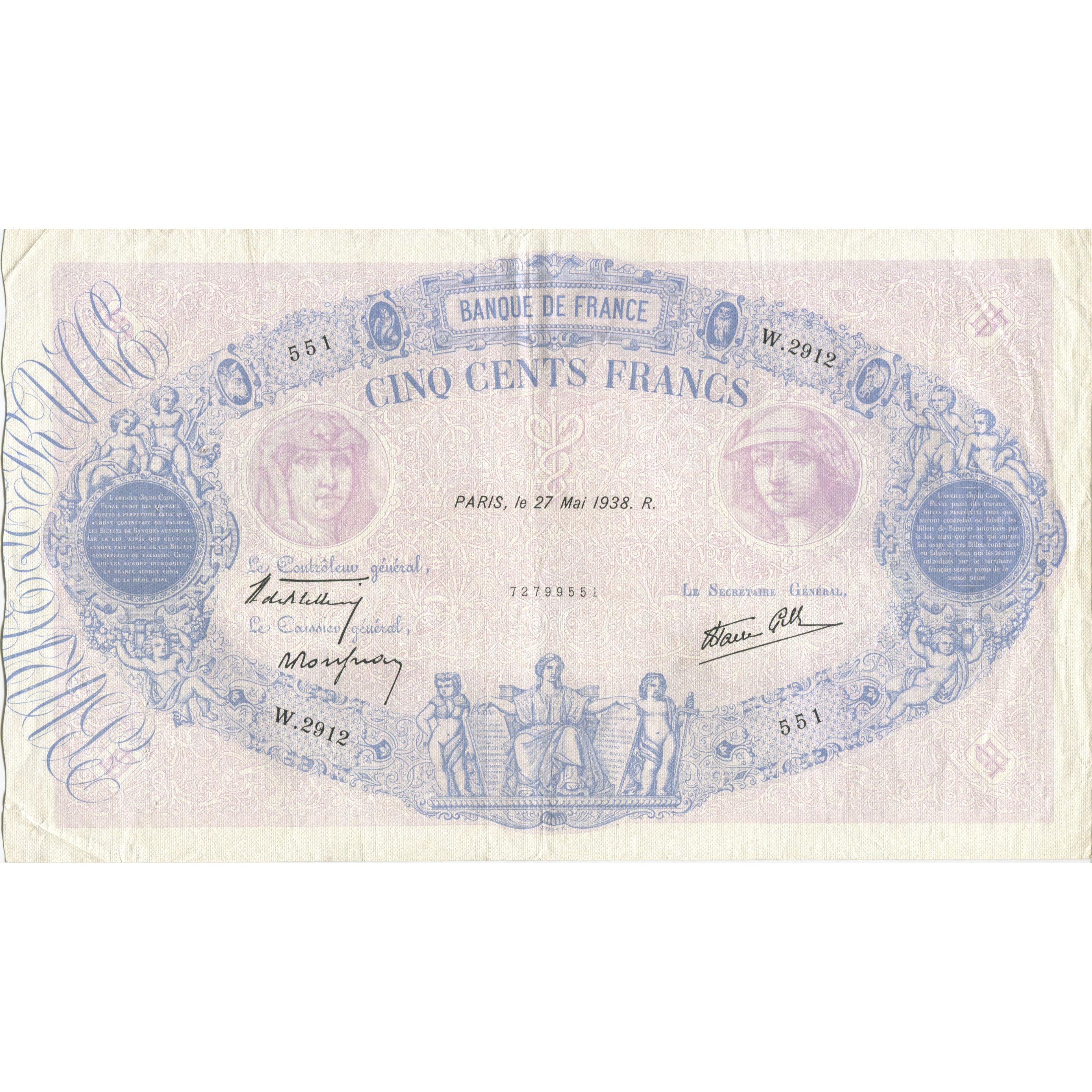Francia, 500 Francs, Bleu et Rose, 1938, 1938-05-27, EBC, Fayette:31.12, KM:88c