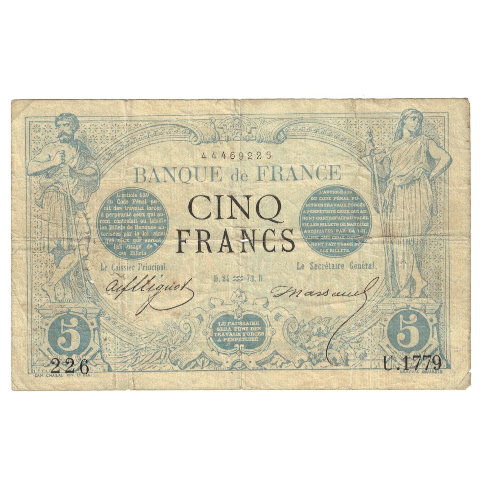 Francia, 5 Francs, Noir, U.1779, 1873, BC, Fayette:1.14, KM:60
