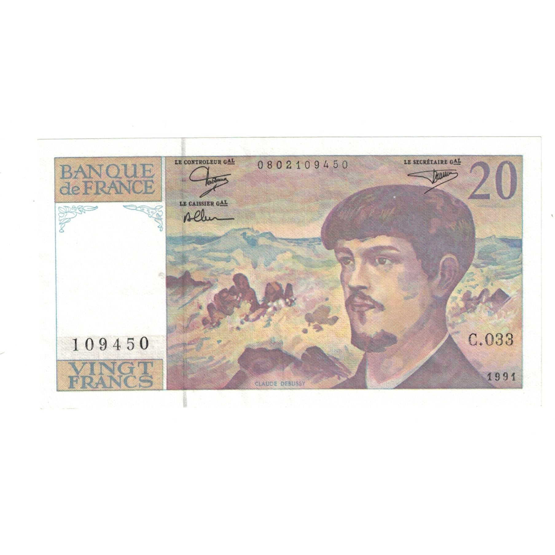 Francja, 20 Francs, Debussy, 1991, C.033, UNC(65-70), Fayette:66Bis.2, KM:151e