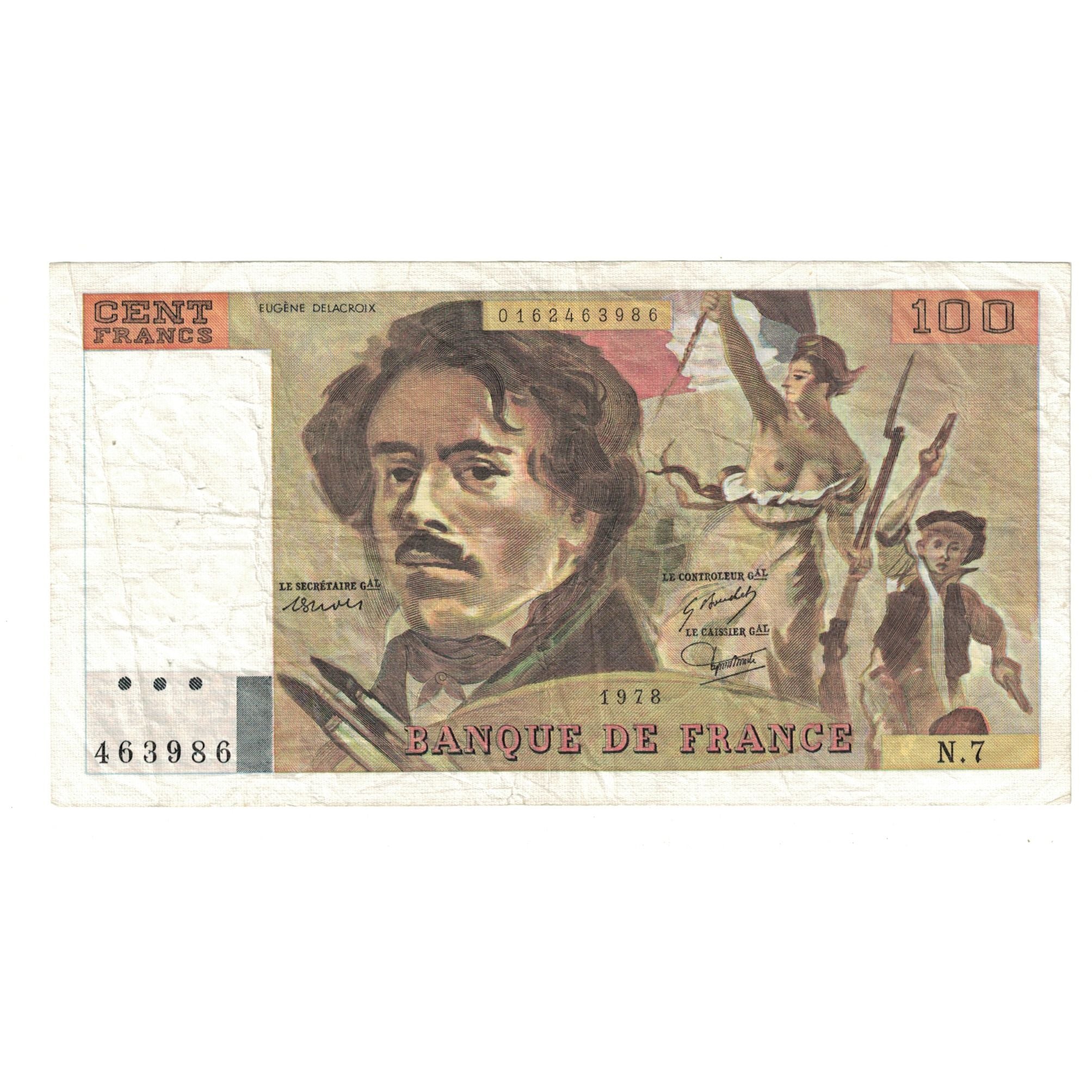 France, 100 Francs, Delacroix, 1978, N.7, EF(40-45), Fayette:69.1d, KM:154a