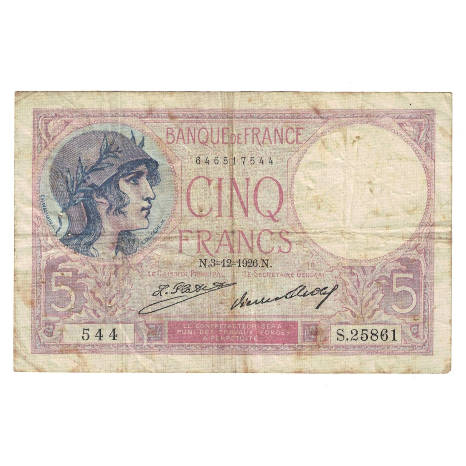 Frankrijk, 5 Francs, Violet, 1926, S.25861, TB, Fayette:3.10, KM:72d
