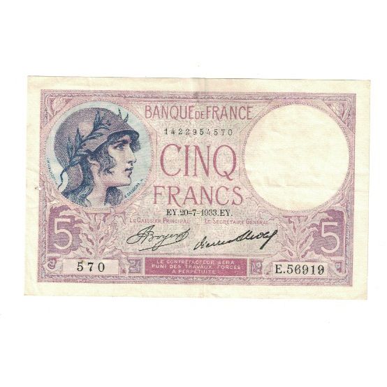 France, 5 Francs, Violet, 1933, E.56919, AU(50-53), Fayette:3.17, KM:72e