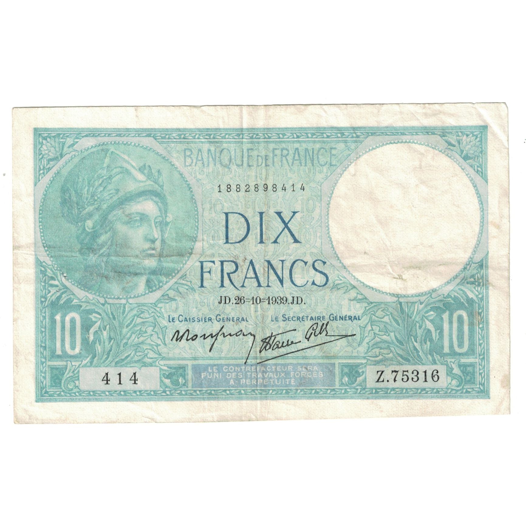 France, 10 Francs, Minerve, 1939, Z.75316, TTB+, Fayette:7.13, KM:84