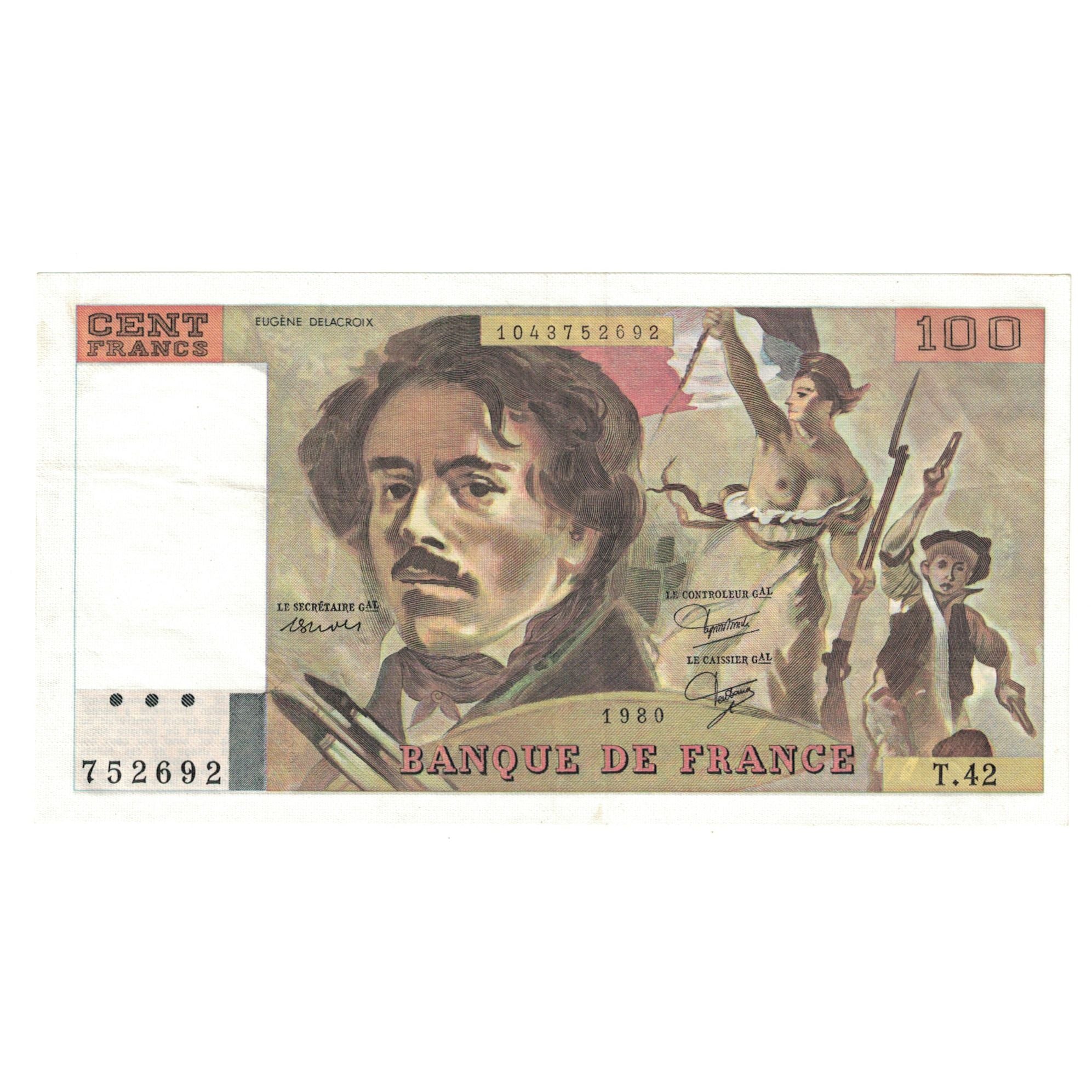 França, 100 Francs, Delacroix, 1980, T.42, AU(55-58), Fayette:69.04b, KM:154b