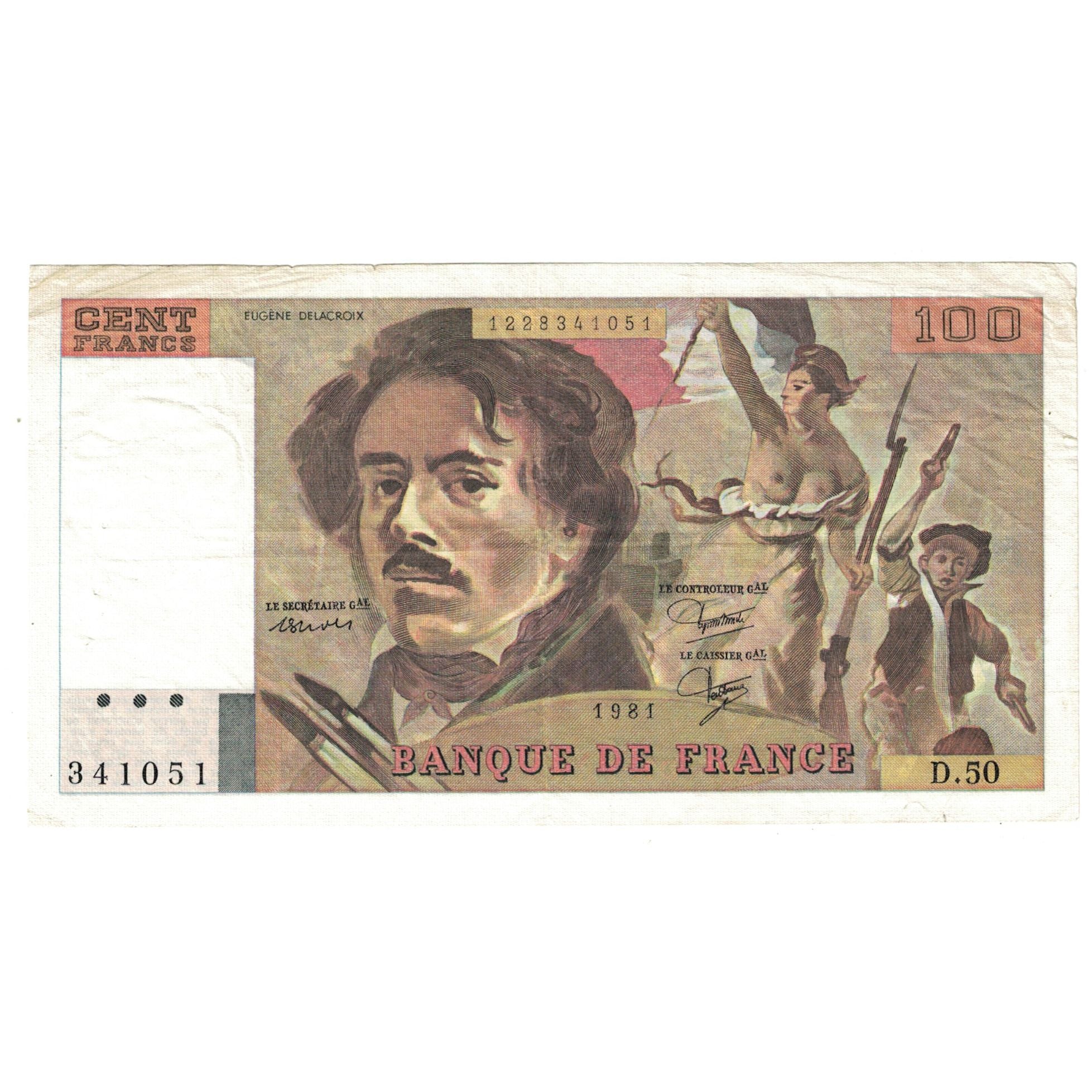 France, 100 Francs, Delacroix, 1981, D.50, AU(55-58), Fayette:69.5, KM:154b