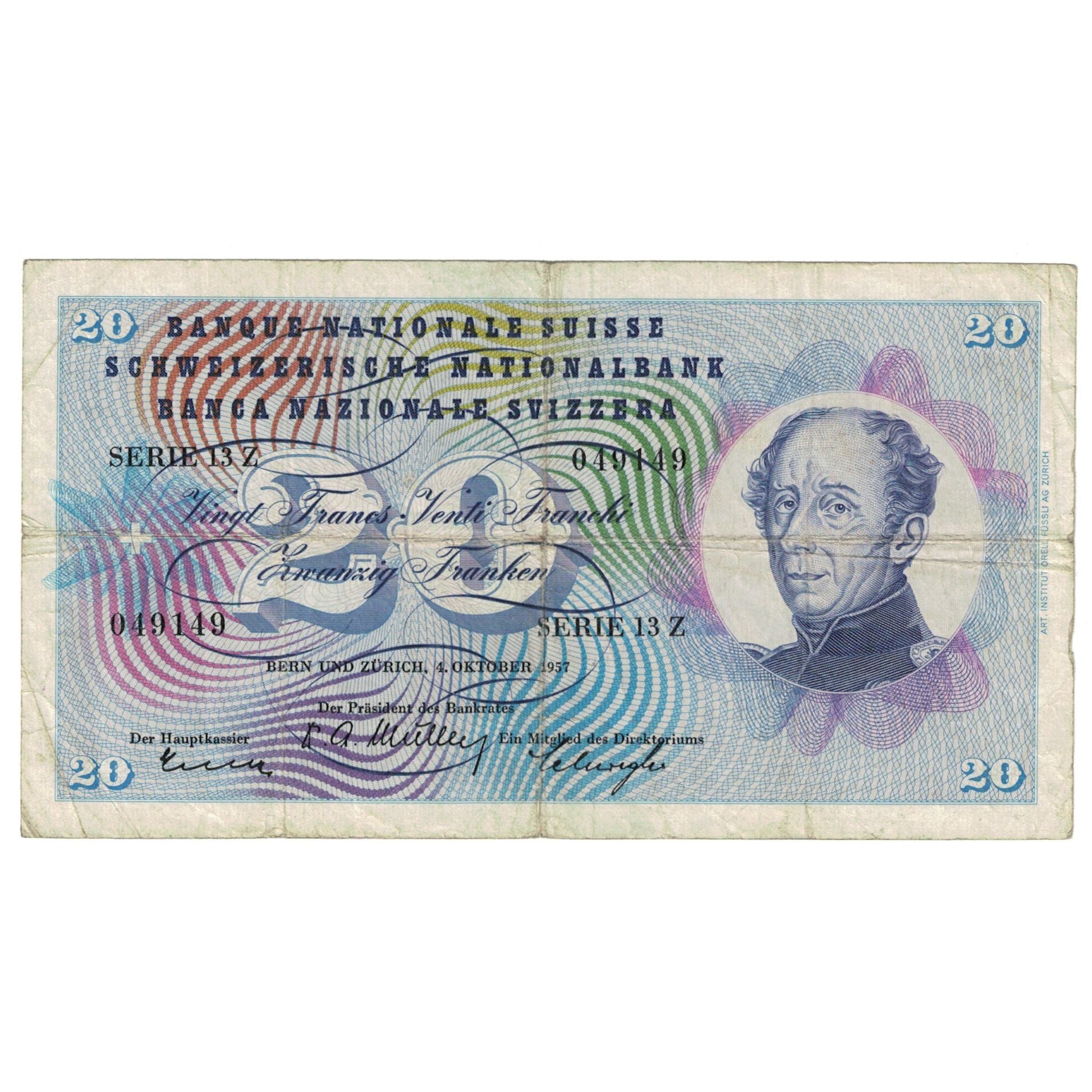 Geldschein, Schweiz, 20 Franken, 1957, 1957-10-04, KM:46e, S