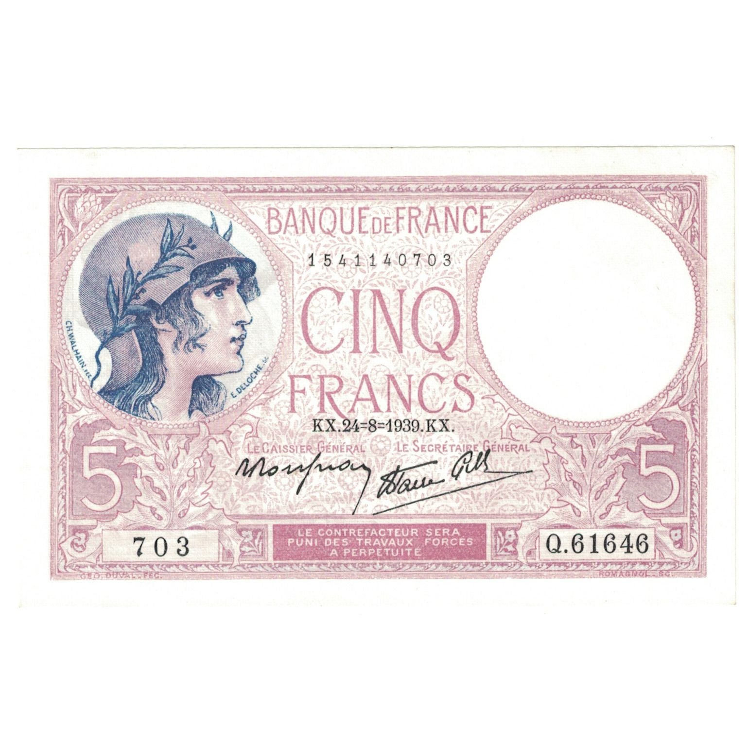 France, 5 Francs, Violet, 1939, Q.61646, NEUF, Fayette:04.07, KM:83