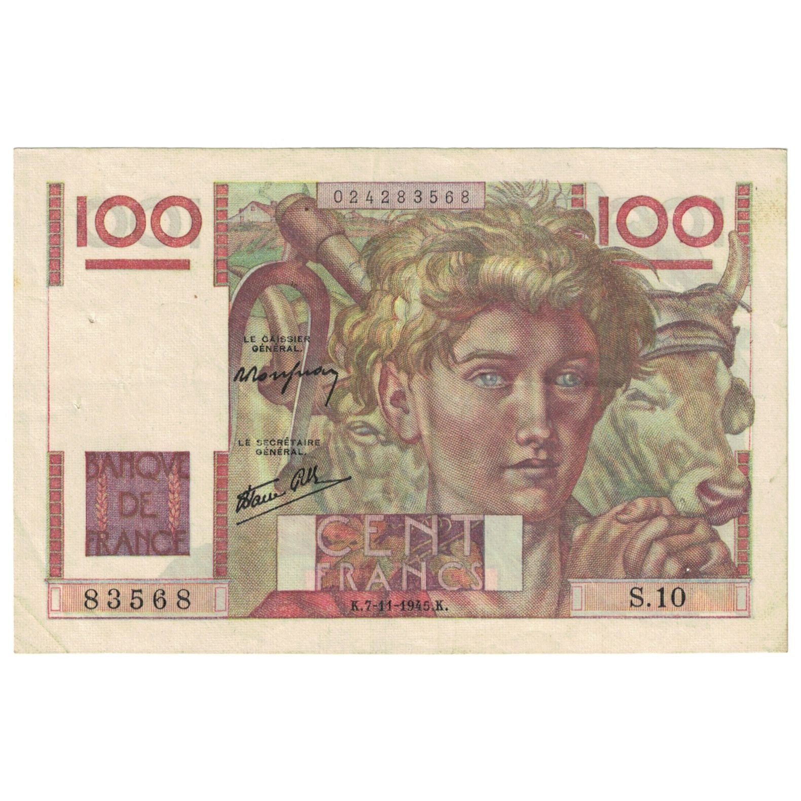 Francia, 100 Francs, Jeune Paysan, 1945, S.10, BB, Fayette:28.1, KM:128a