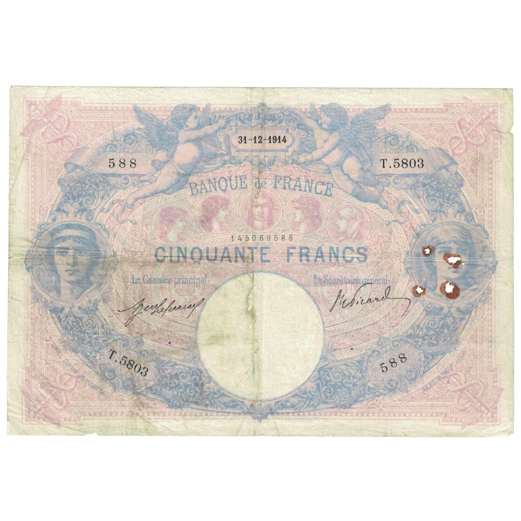 France, 50 Francs, Bleu et Rose, 1914, T.5803, B, Fayette:14.27, KM:64e